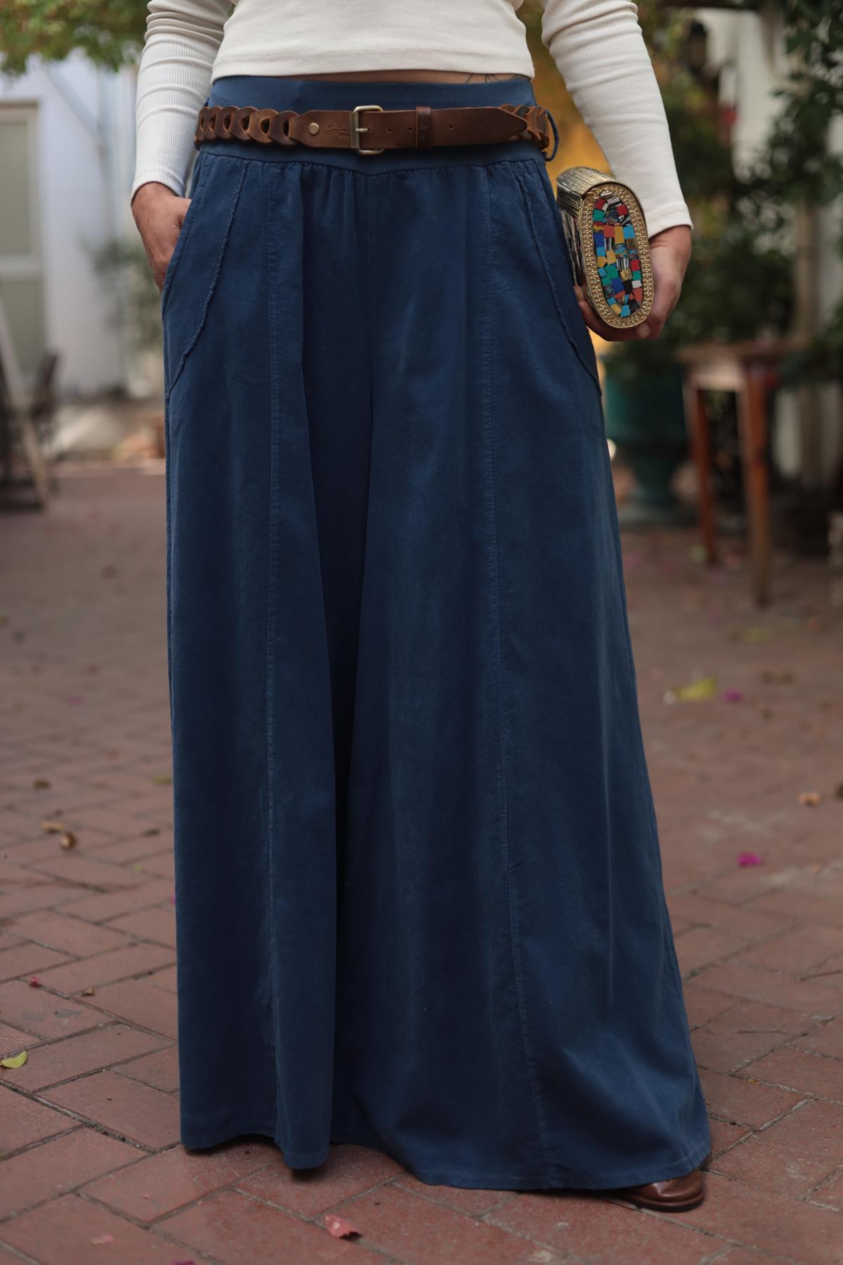 Lacivert Cebi Dikiş Detaylı Kadife Pantolon