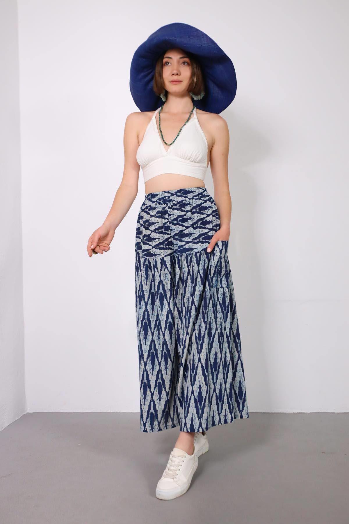 Mavi Yanları Cepli Otantik Desenli Bol Paça Pantolon - Şaman Butik Mavi Yanları Cepli Otantik Desenli Bol Paça Pantolon