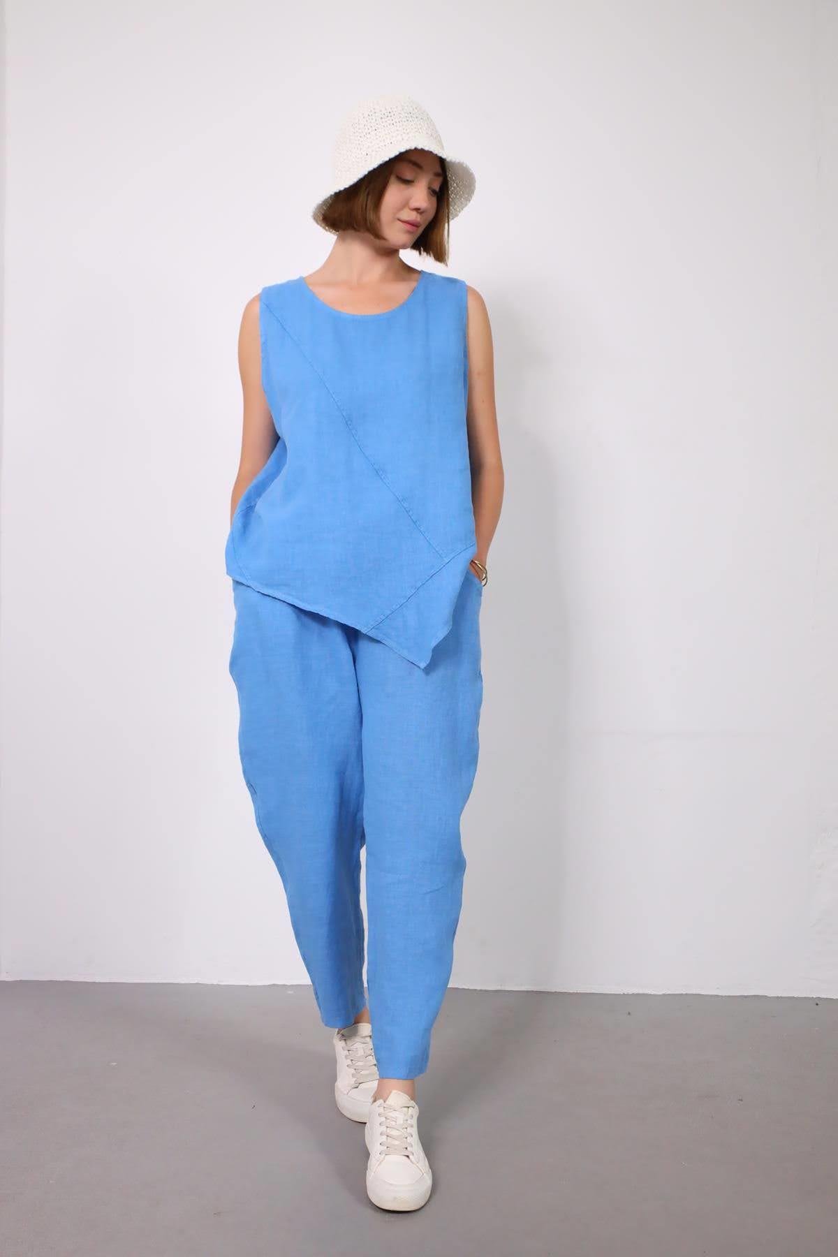  Mavi Dikişli Sıfır Kol Bluz ve Pantolon Keten Takım