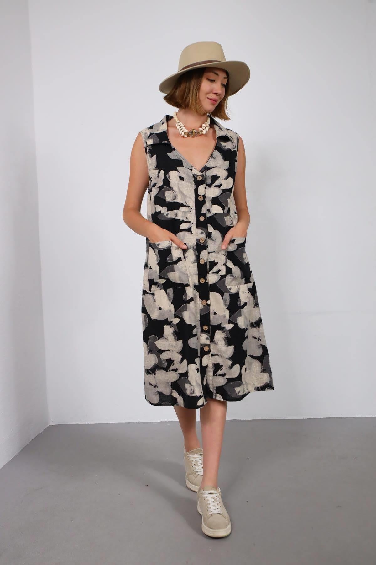  Ekru Desenli V Yaka Cepli Keten Gömlek Elbise