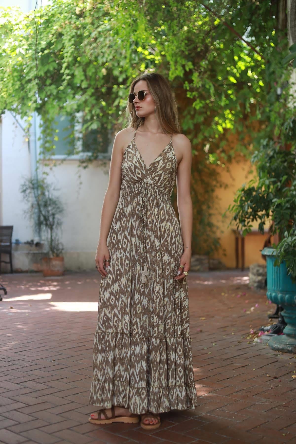 Mink Color Gold Detailed Strappy Silk Dress