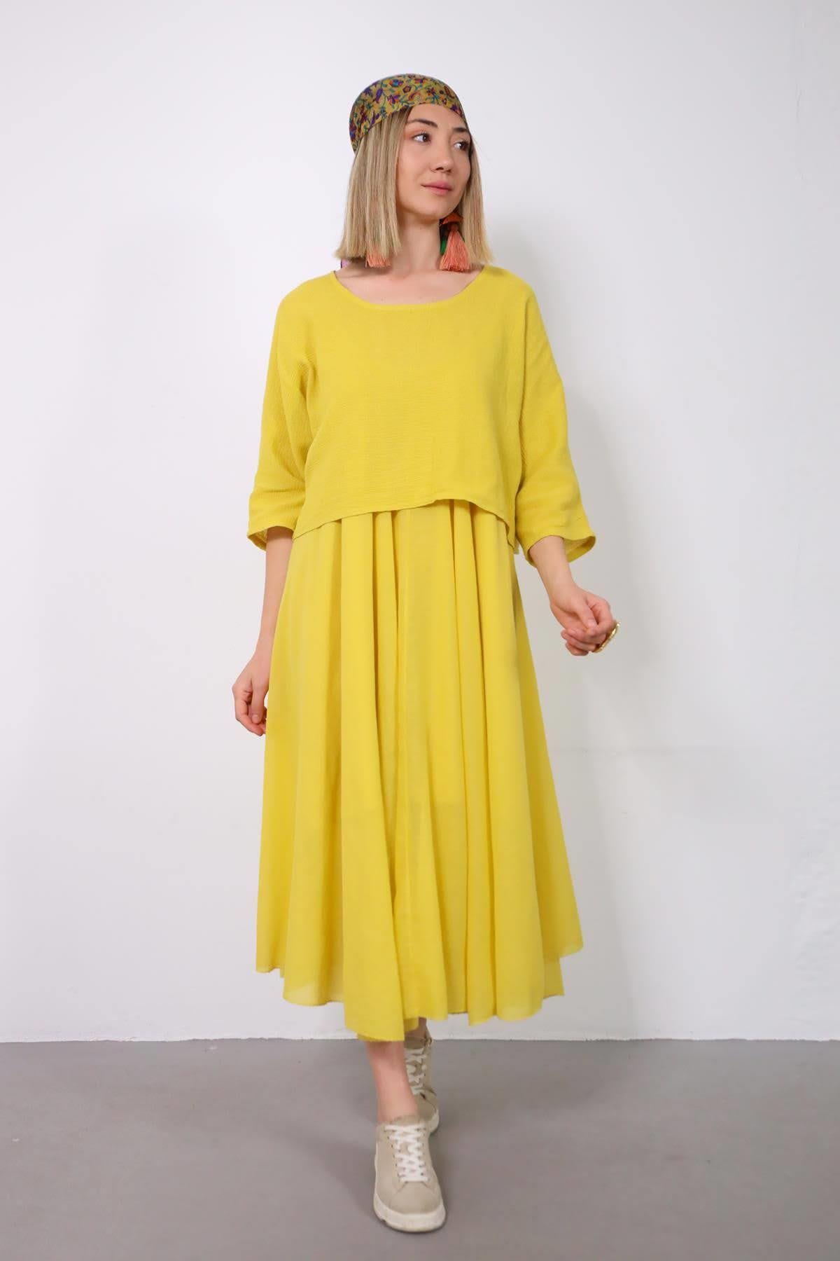 Yellow Two Layered Dress with Linen Top - Saman Butik | Shop Online Yellow Two Layered Dress with Linen Top
