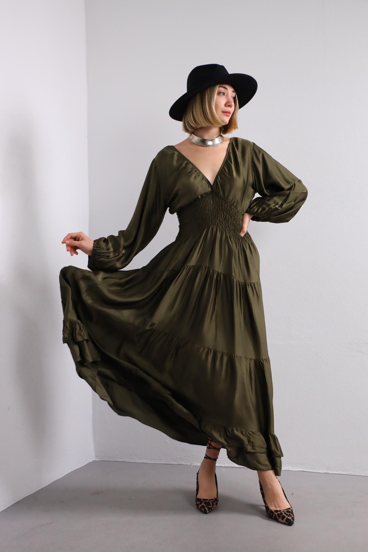 Haki Beli Büzgülü V Yaka Elbise - Şaman Butik Haki Beli Büzgülü V Yaka Elbise