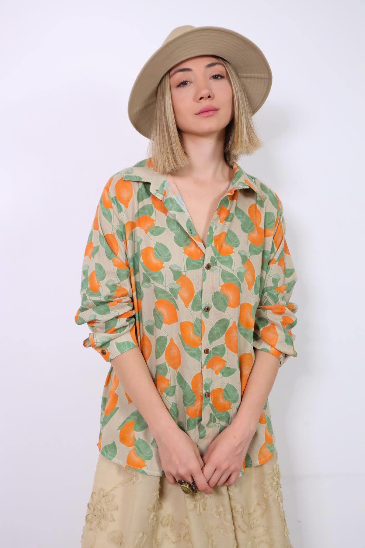 Bej Desenli Oversize Gömlek - Şaman Butik Bej Desenli Oversize Gömlek