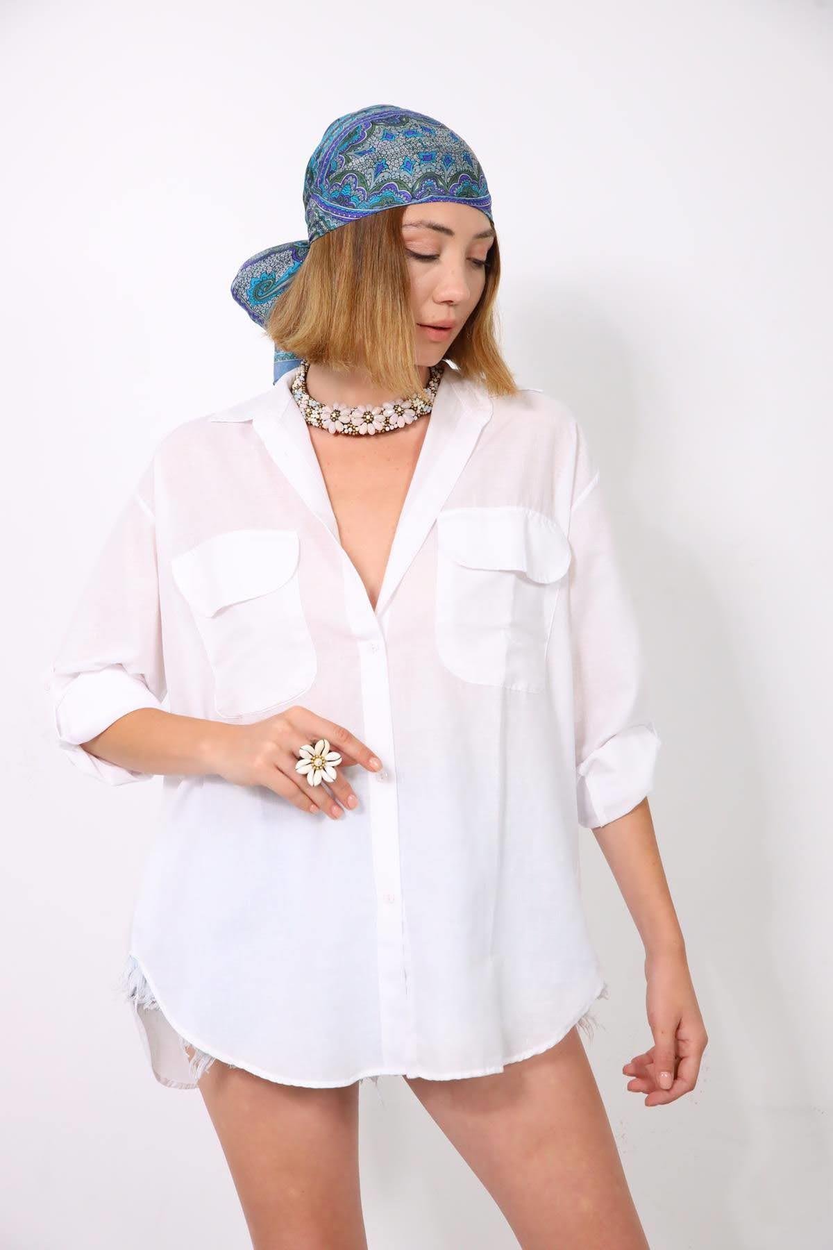 White Big Pocket Open Back Shirt - Saman Butik | Shop Online White Big Pocket Open Back Shirt