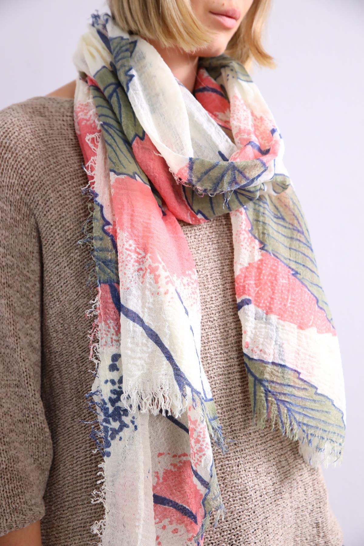 Krem Rengi Yaprak Desenli Saçaklı Şal - Şaman Butik Krem Rengi Yaprak Desenli Saçaklı Şal