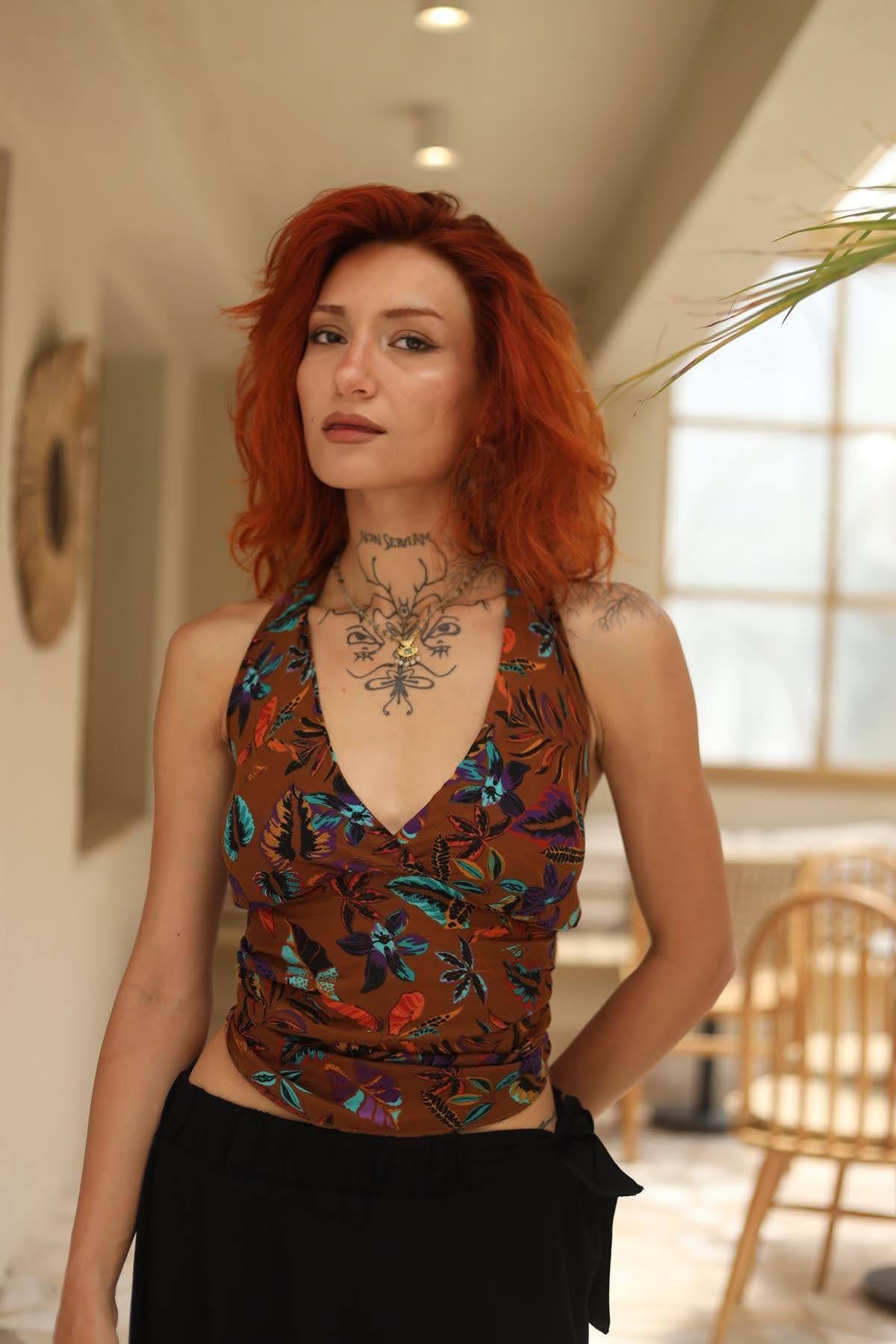 Brown Patterned Tie Back Blouse