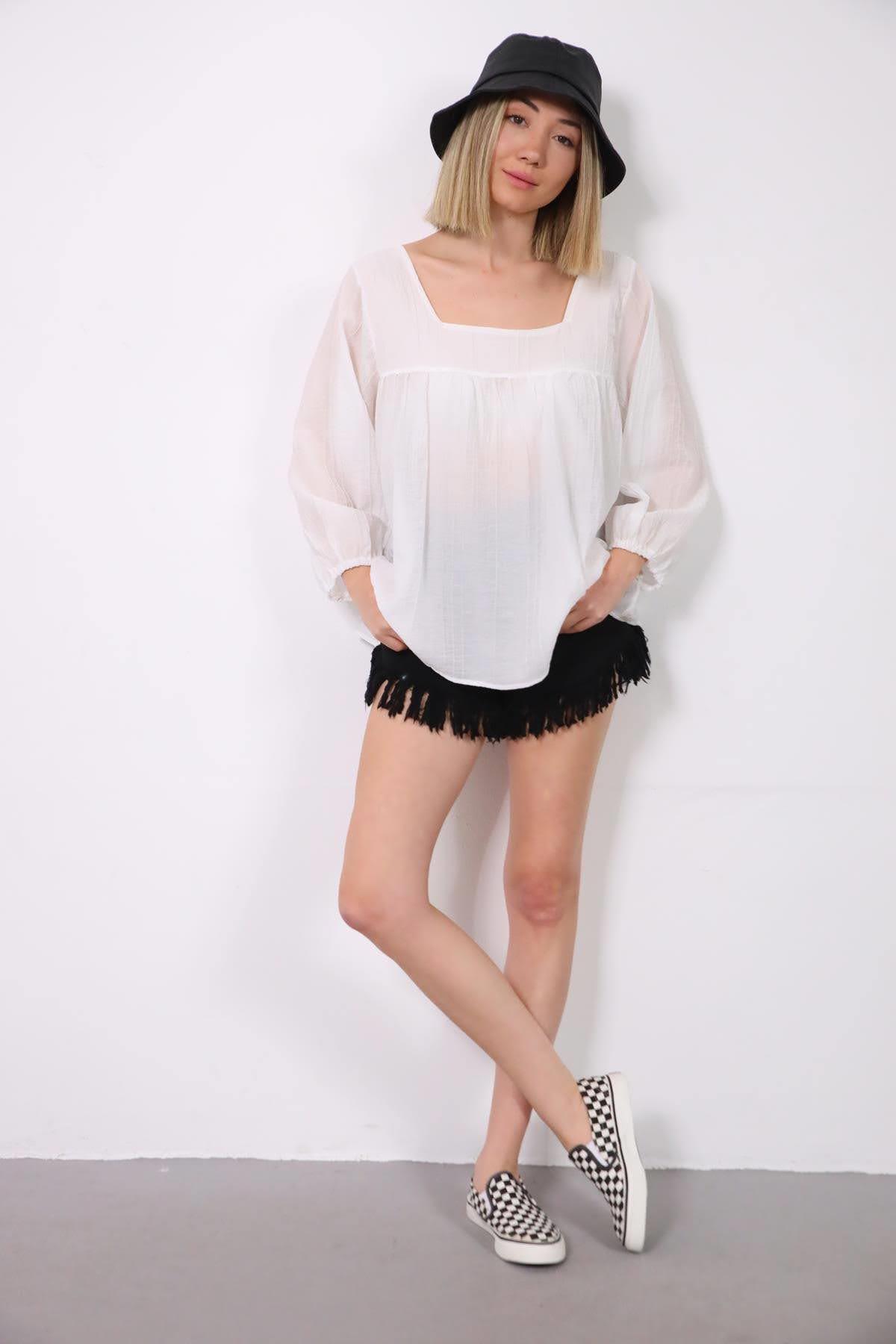 Beyaz Kare Yaka Sırtı Bağlamalı Bluz - Şaman Butik Beyaz Kare Yaka Sırtı Bağlamalı Bluz