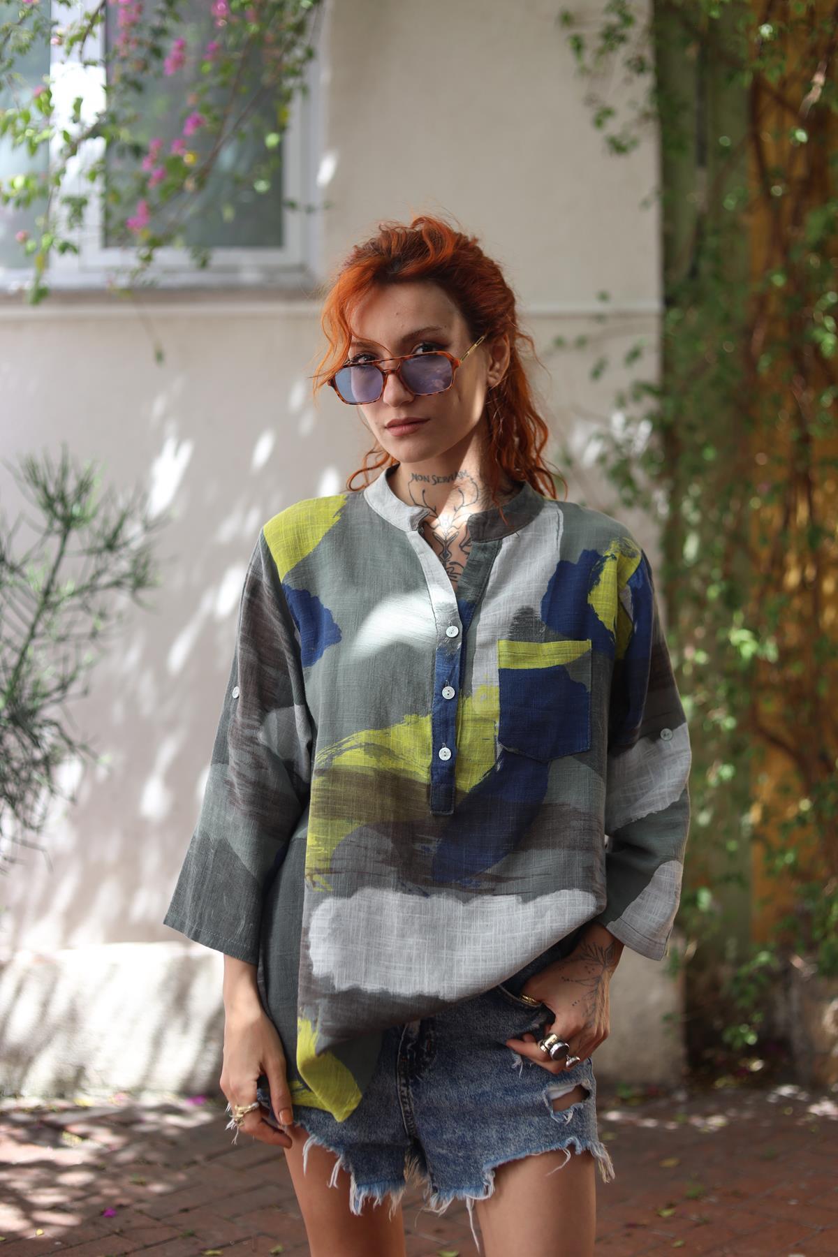 Khaki Patterned Three Button Shirt