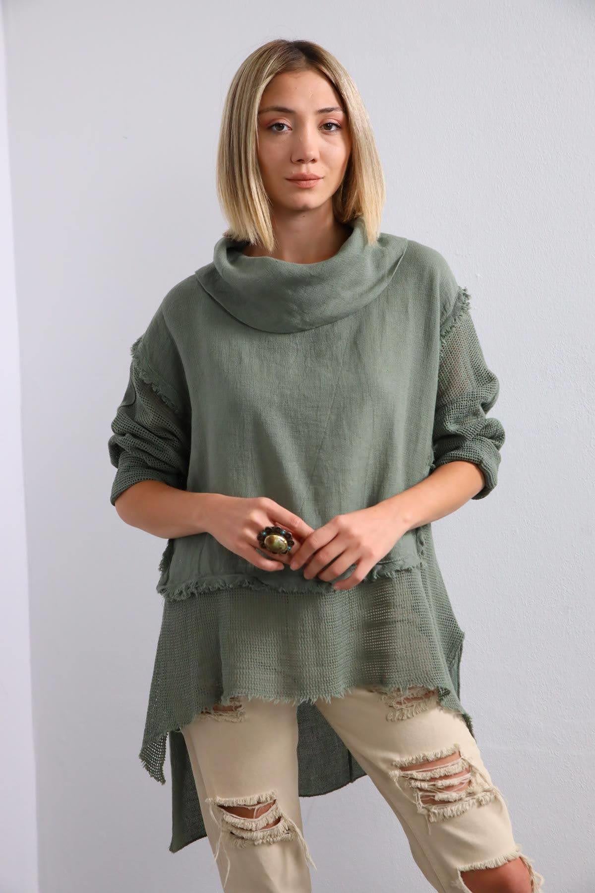 Haki File Detay Degaje Yaka Keten Bluz - Şaman Butik Haki File Detay Degaje Yaka Keten Bluz