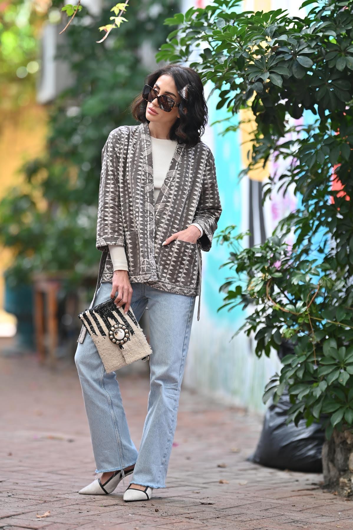 Vizon Rengi Desenli Çoban Dikişli Ceket