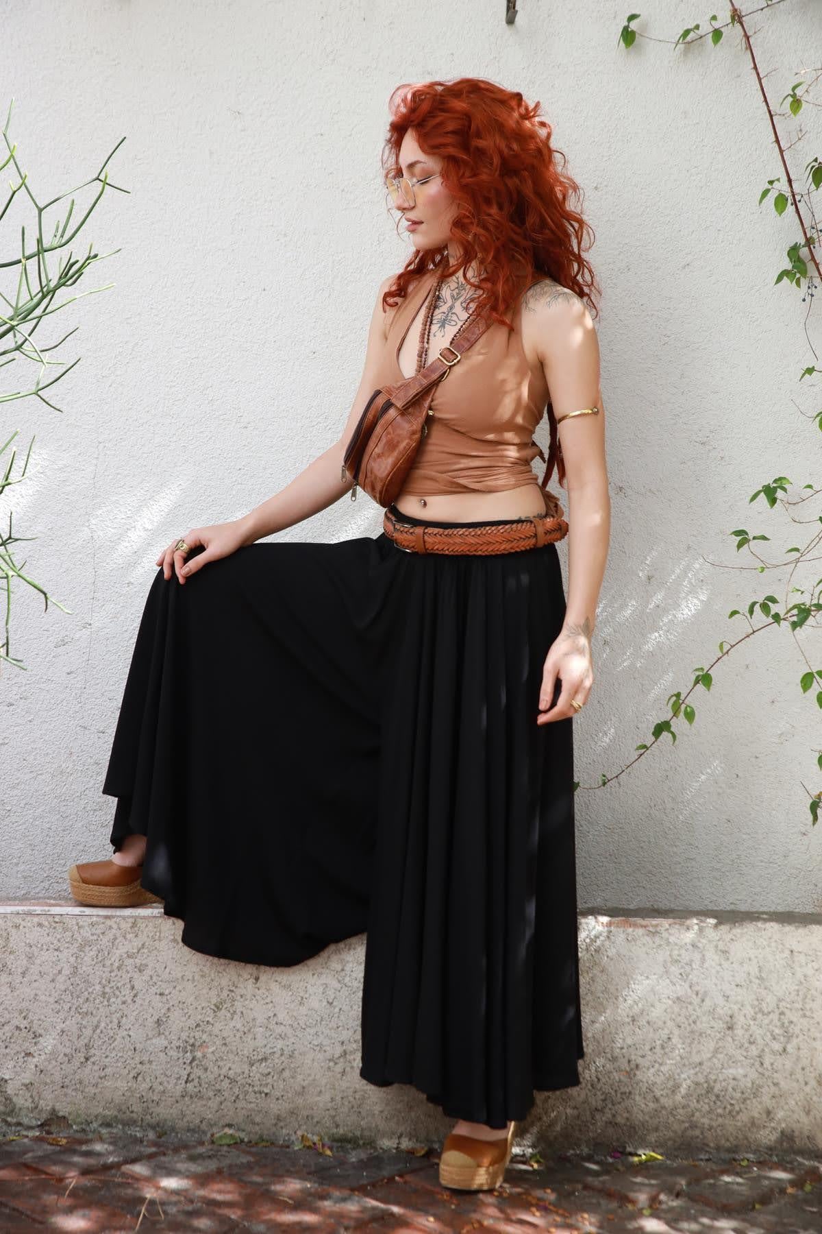 Siyah Beli Gipeli Bol Paça Salaş Pantolon