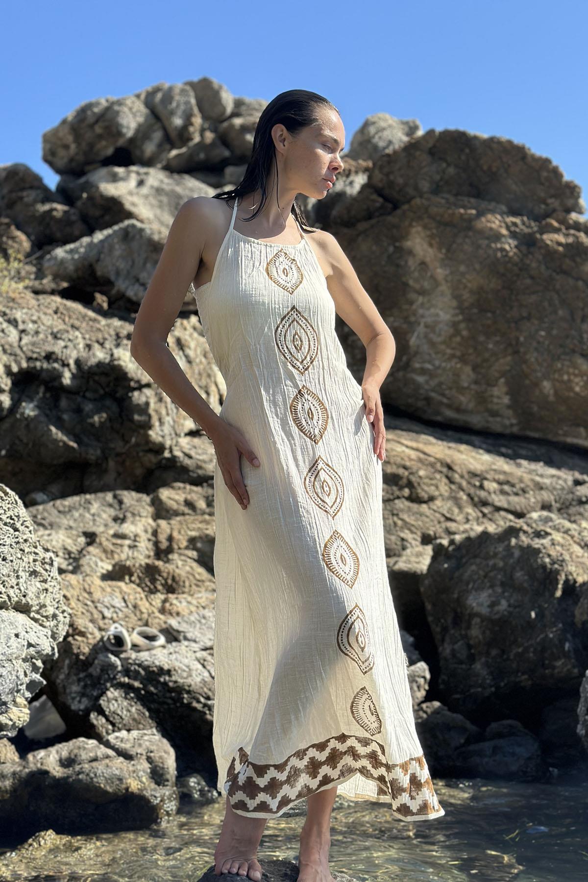 Ecru Authentic Patterned Backless Dress