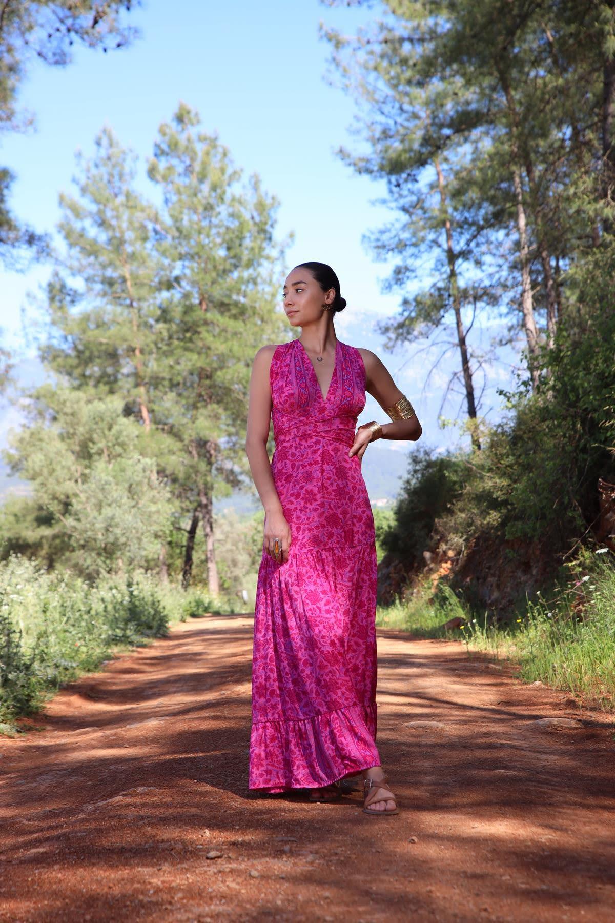 Fuşya Boyundan Bağlamalı Pileli İpek Elbise - Şaman Butik Fuşya Boyundan Bağlamalı Pileli İpek Elbise