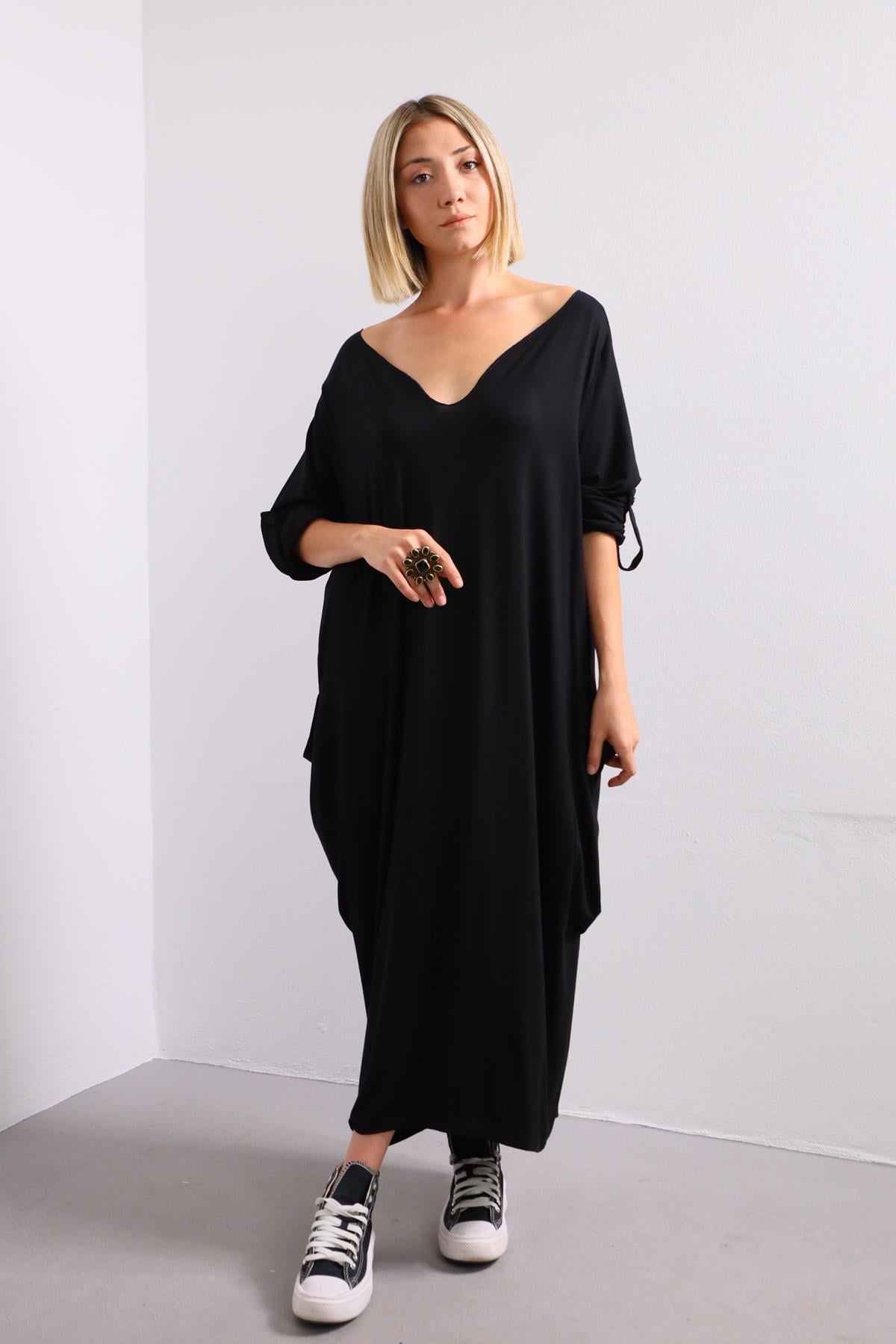 Siyah Asiye Cepli Elbise - Şaman Butik Siyah Asiye Cepli Elbise