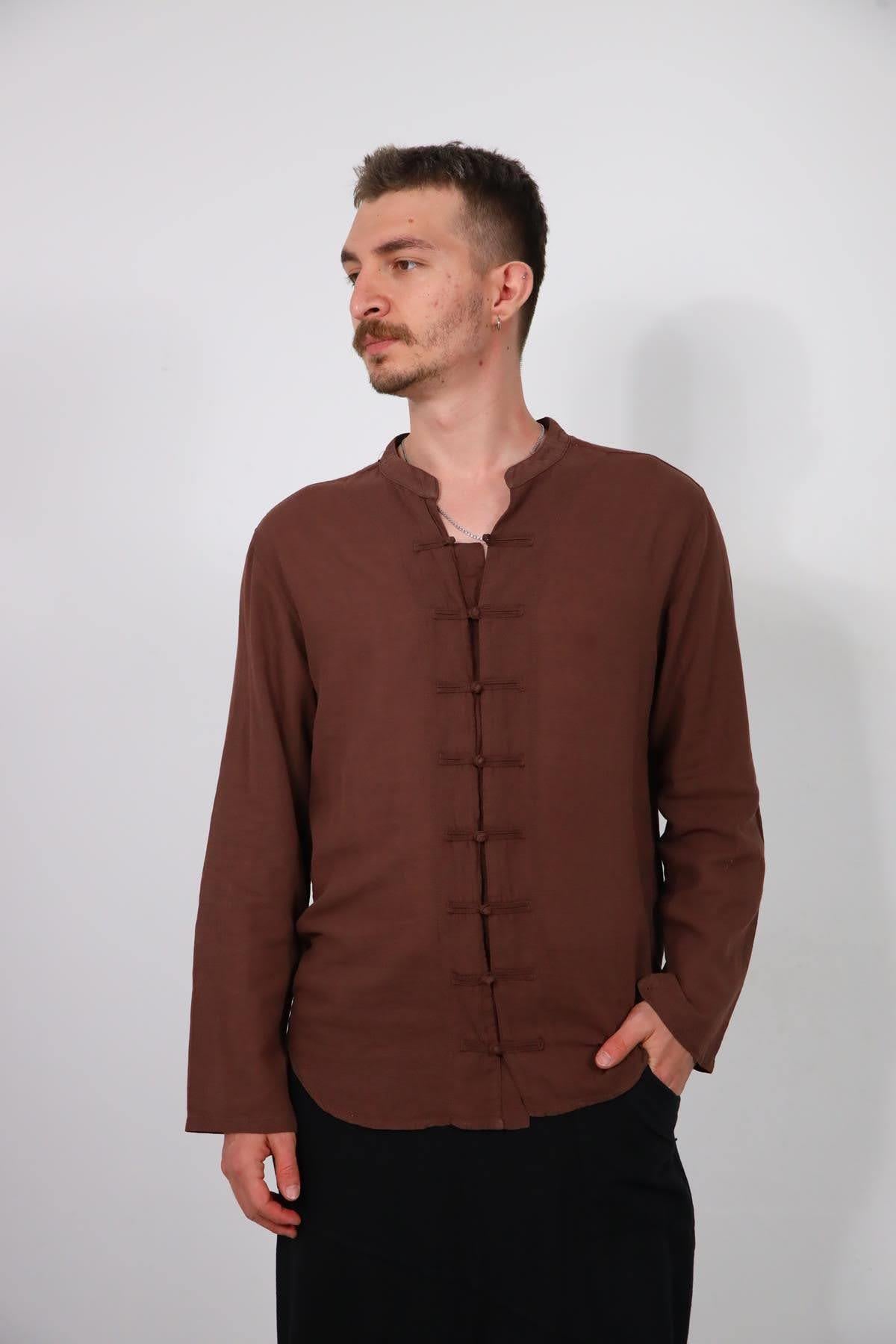 Kahverengi Hakim Yaka Önü Düğüm Düğmeli Gömlek - Şaman Butik Kahverengi Hakim Yaka Önü Düğüm Düğmeli Gömlek