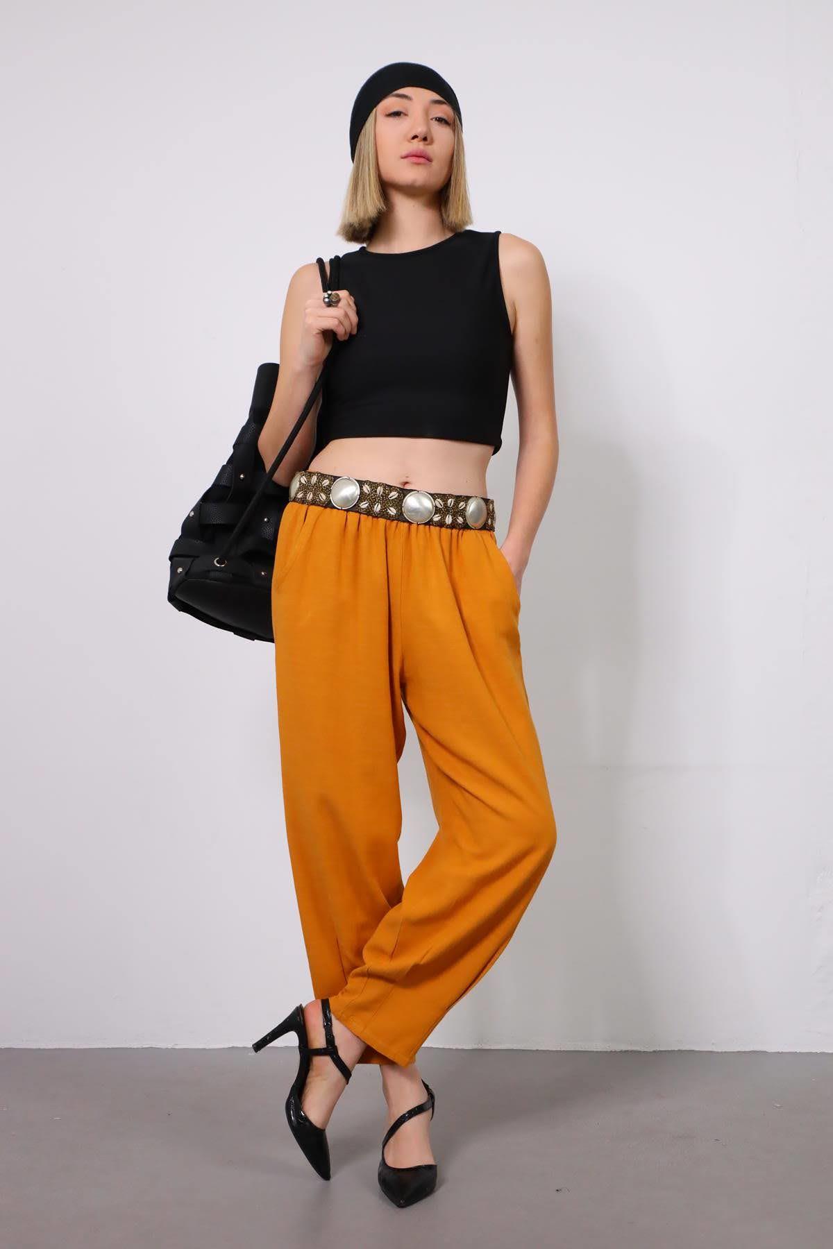 Hardal Rengi Paçası Pileli Keten Pantolon - Şaman Butik Hardal Rengi Paçası Pileli Keten Pantolon