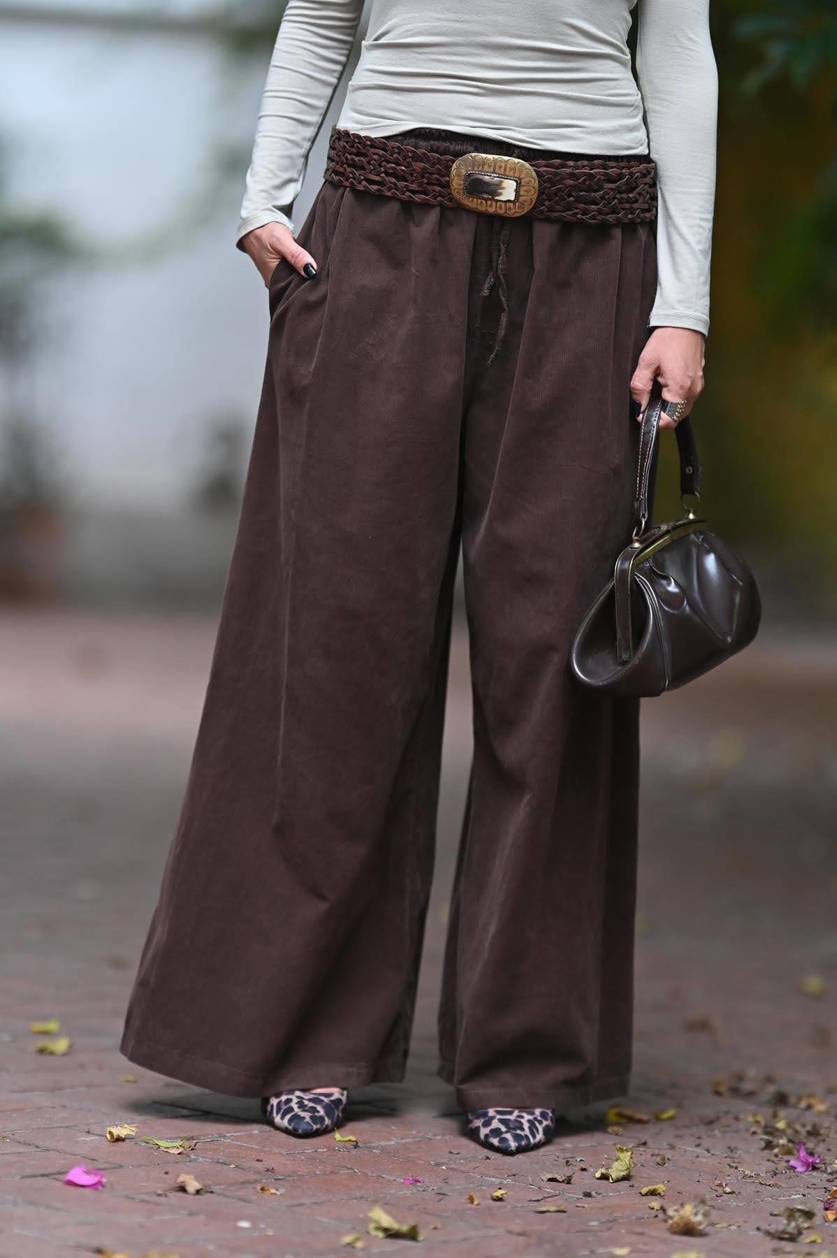 Kahverengi Beli İpli Kadife Palazzo Pantolon