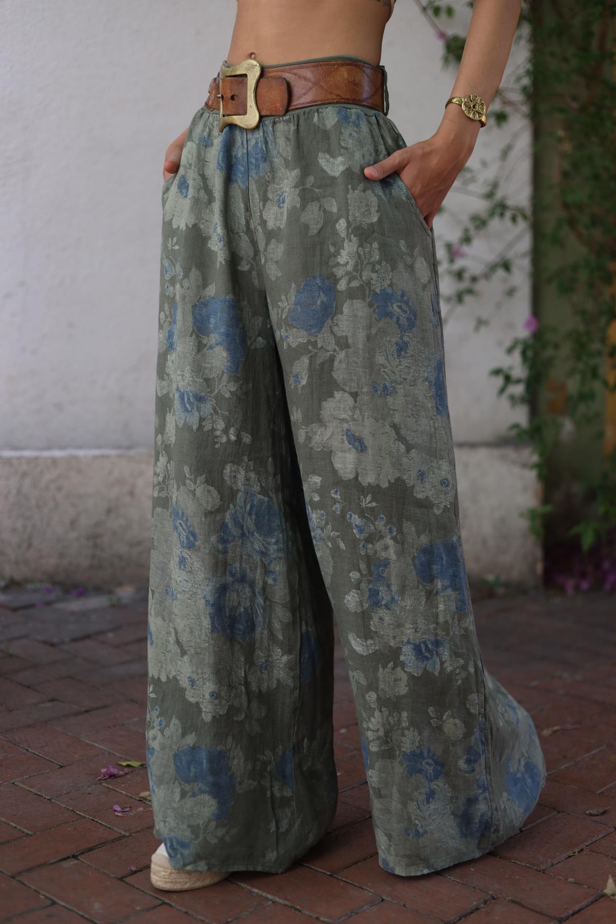 Haki Çiçek Desenli Beli Lastikli Asena Pantolon