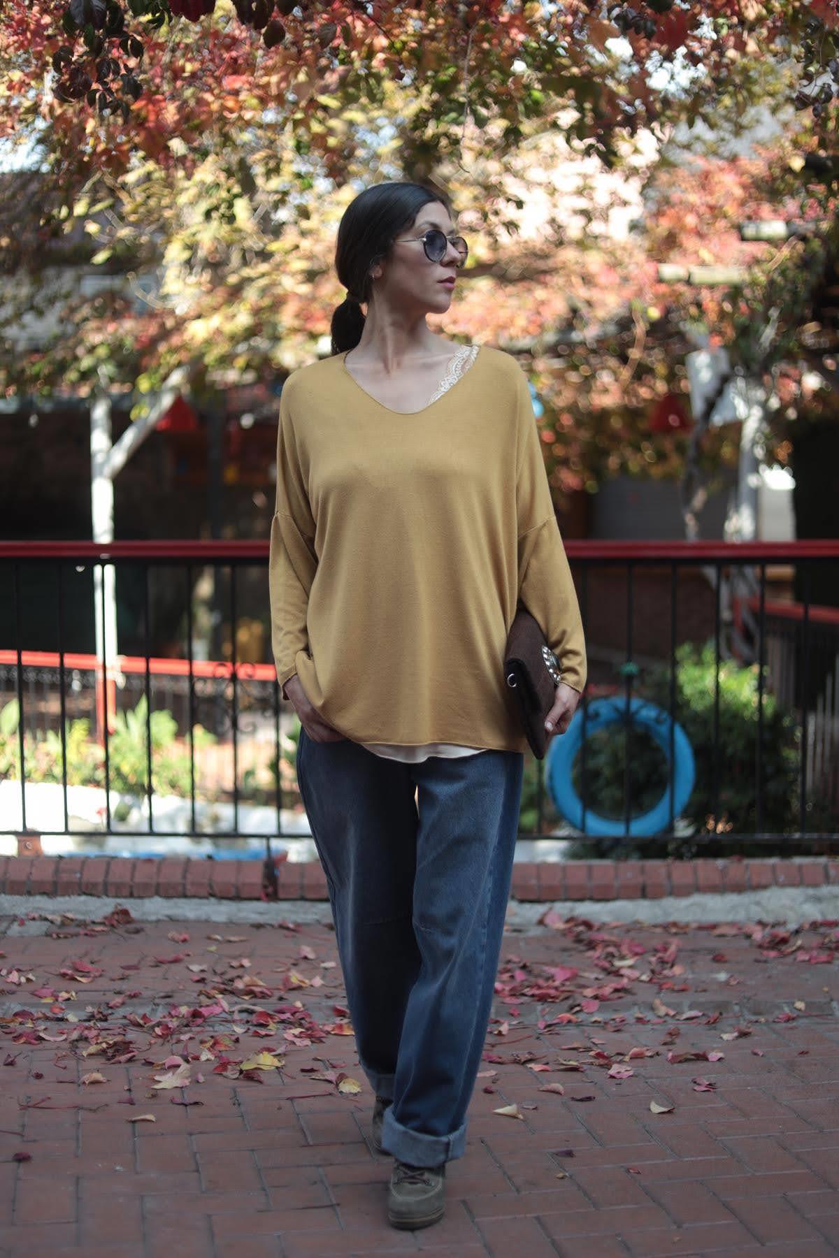 Hardal Rengi V Yaka Yumuşak Doku Angora Bluz