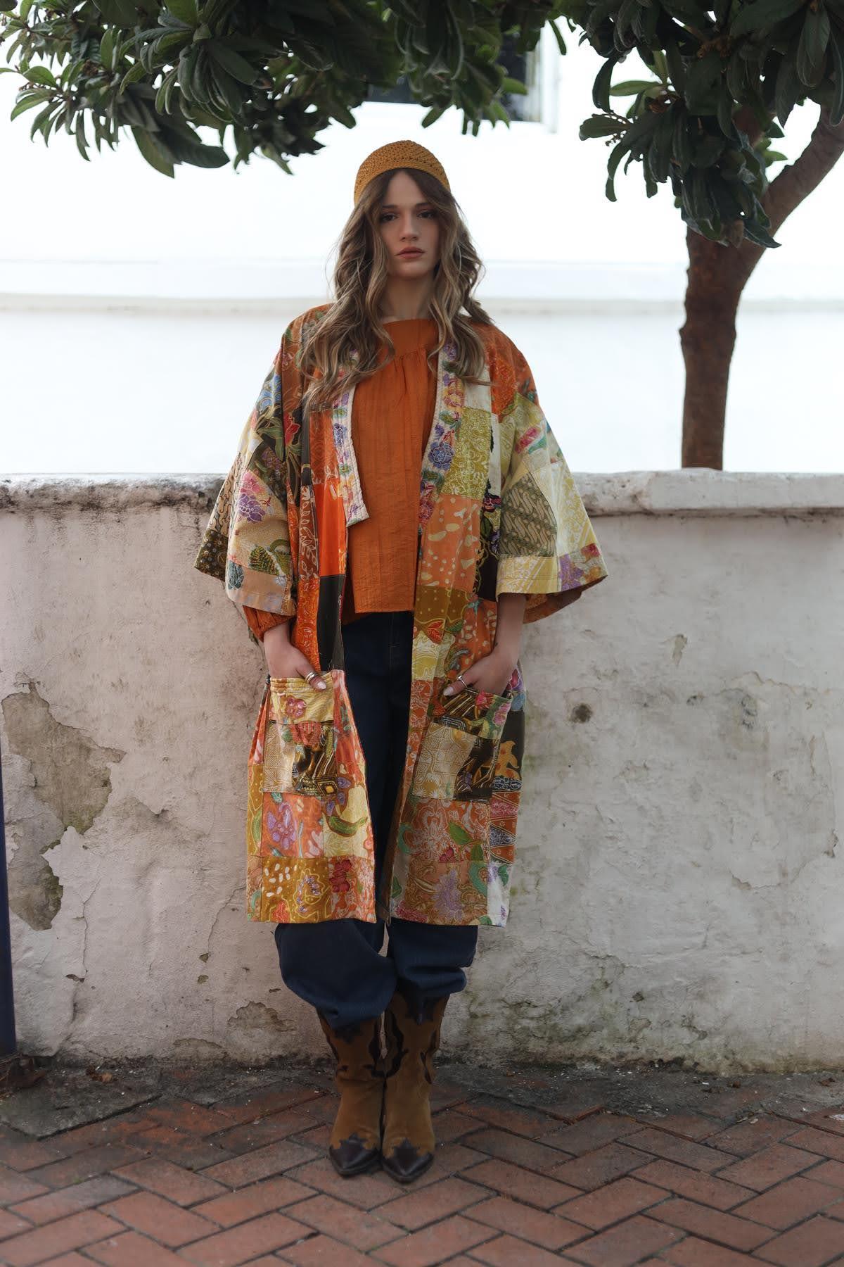 Hardal Rengi Tasarım Patchwork Kaftan