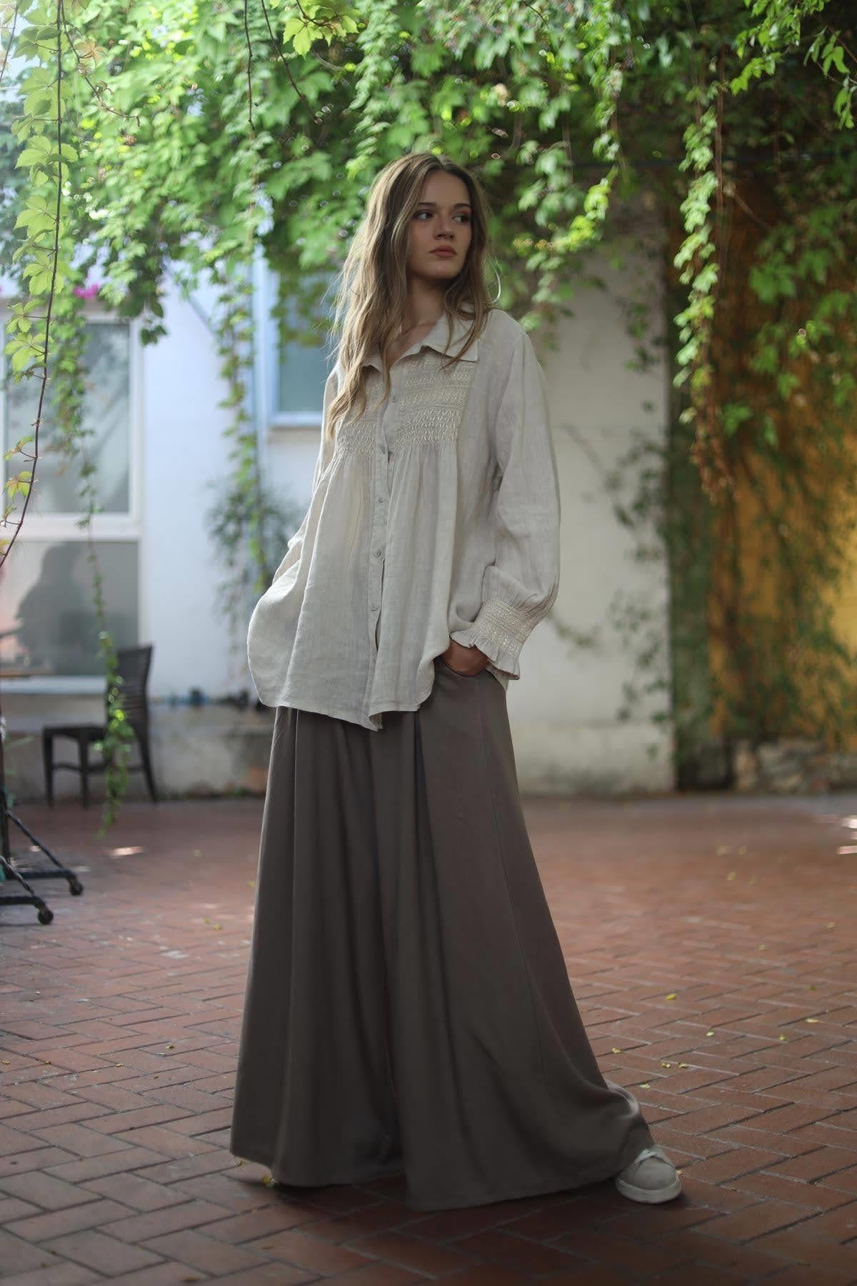 Cream Color Embroidered Linen Shirt