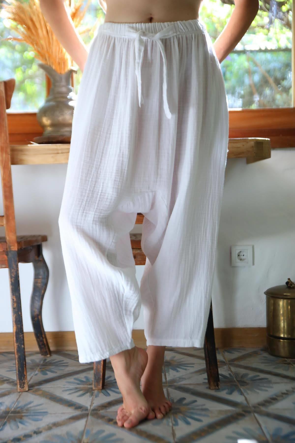 Beyaz Beli İpli Müslin Şalvar - Şaman Butik Beyaz Beli İpli Müslin Şalvar