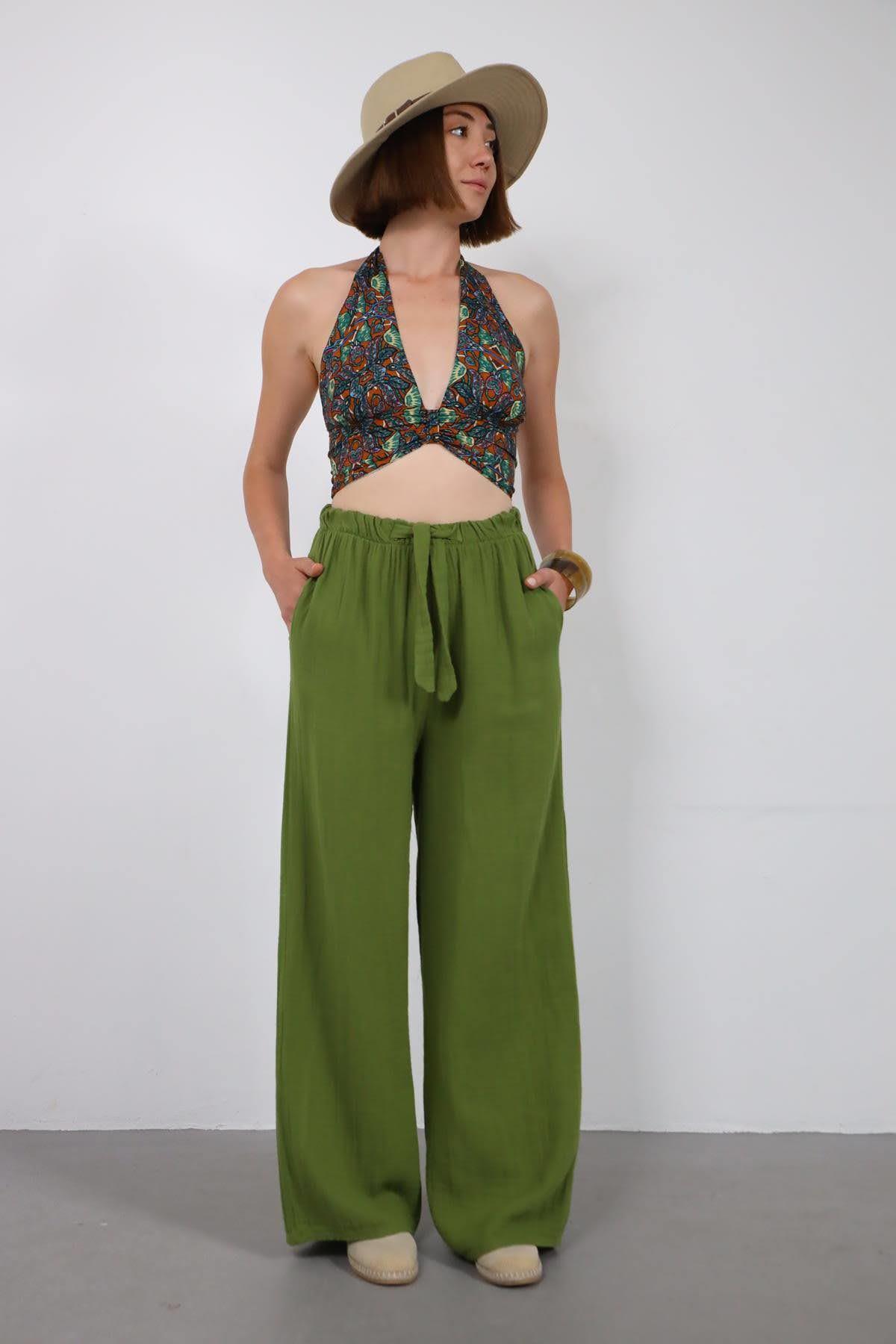 Haki Beli Lastikli İp Detaylı Müslin Pantolon - Şaman Butik Haki Beli Lastikli İp Detaylı Müslin Pantolon