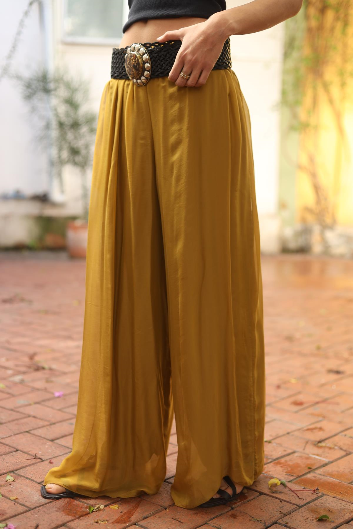 Mustard Color Elastic Waist Silk Pants