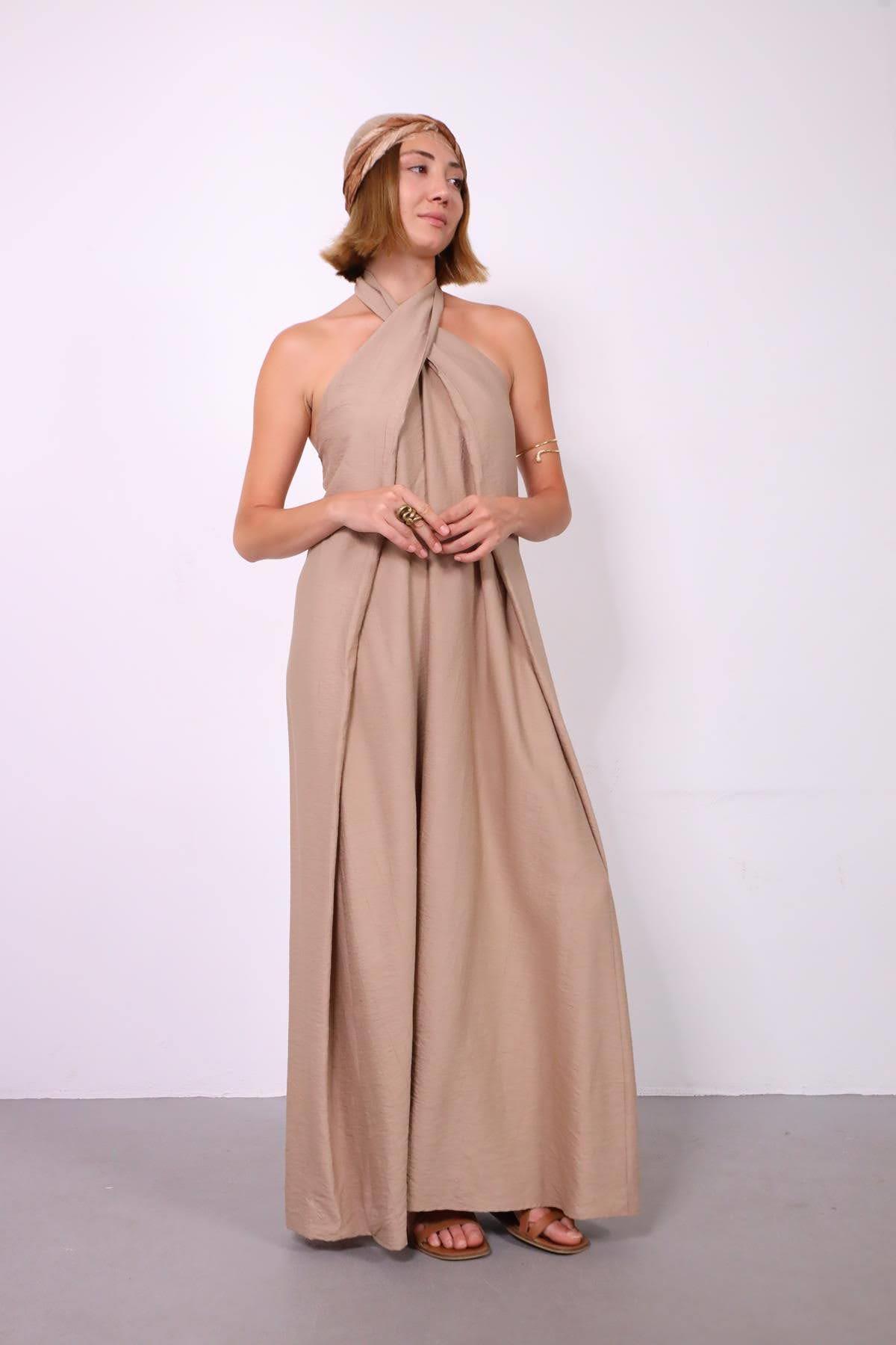 Vizon Rengi Bağlamalı Halter Yaka Elbise - Şaman Butik Vizon Rengi Bağlamalı Halter Yaka Elbise