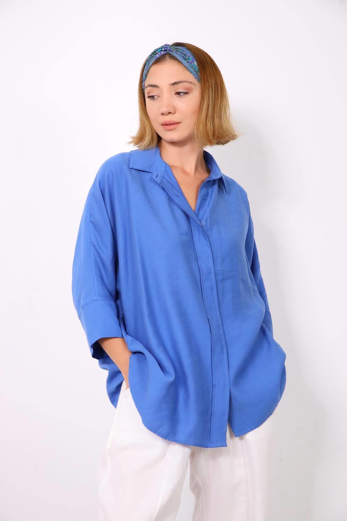 Mavi Yarasa Kol Arkası Dikişli Gömlek - Şaman Butik - Bohem Giyim ve Aksesuar | Kadın & Erkek Mavi Yarasa Kol Arkası Dikişli Gömlek