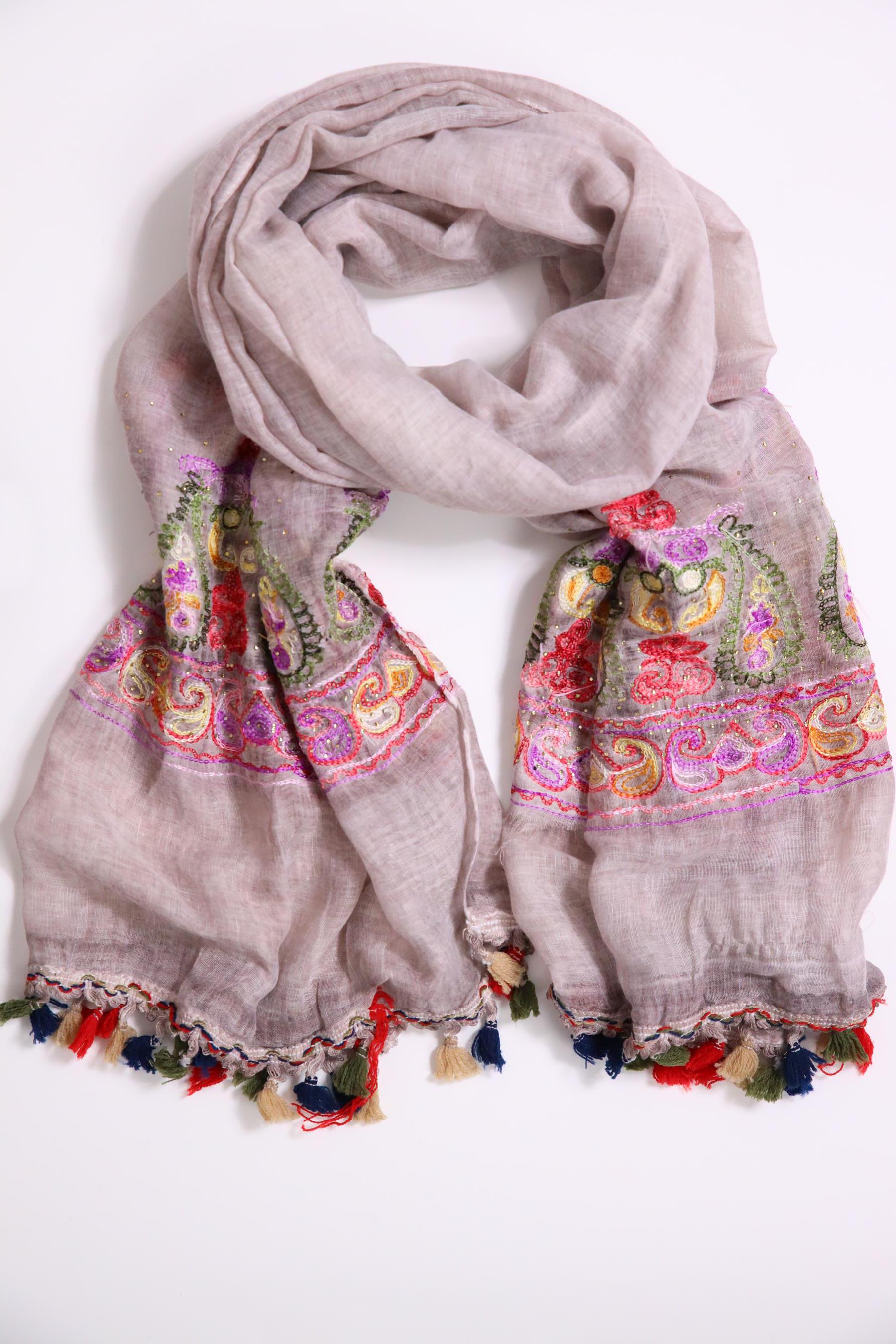  Vizon Rengi İşlemeli Boncuklu Şal