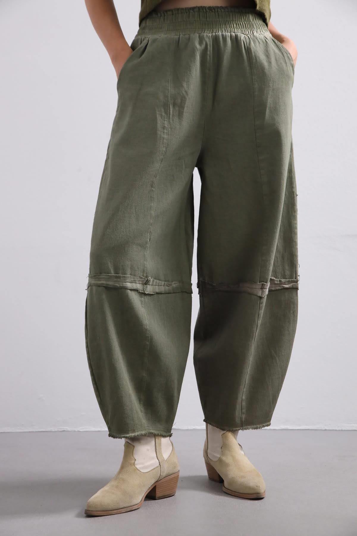 Haki Yağ Yıkama Dikiş Detaylı Pantolon - Şaman Butik Haki Yağ Yıkama Dikiş Detaylı Pantolon