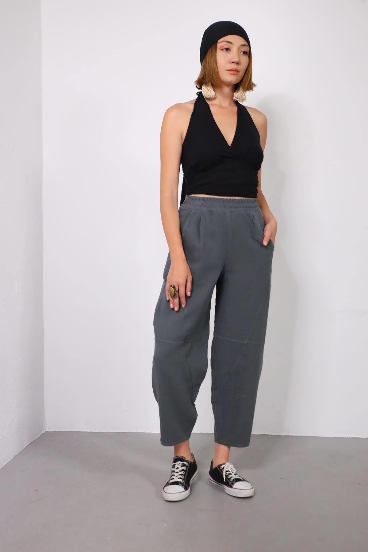 Antrasit Parça Kesim Detaylı Beli Lastikli Pantolon - Şaman Butik Antrasit Parça Kesim Detaylı Beli Lastikli Pantolon