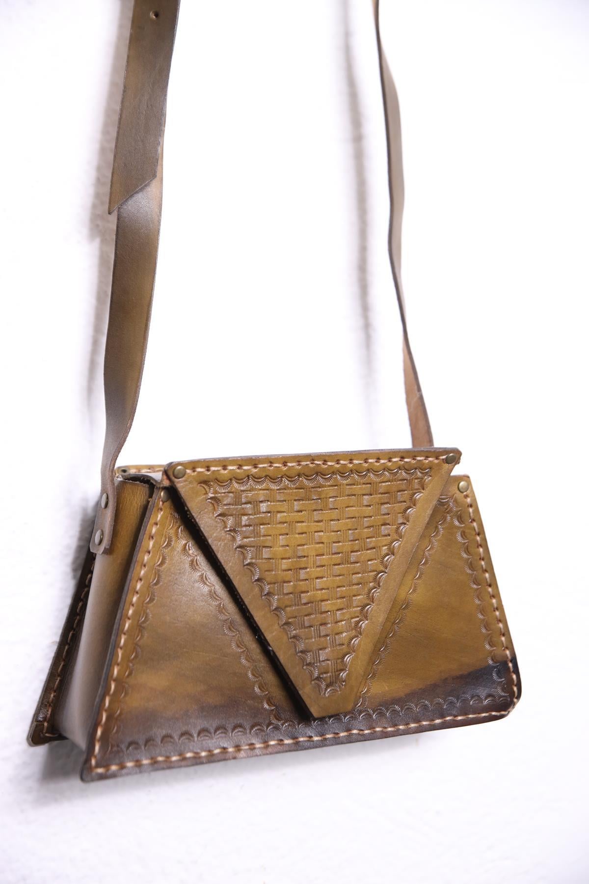 Khaki Geometric Patterned Design Leather Bag