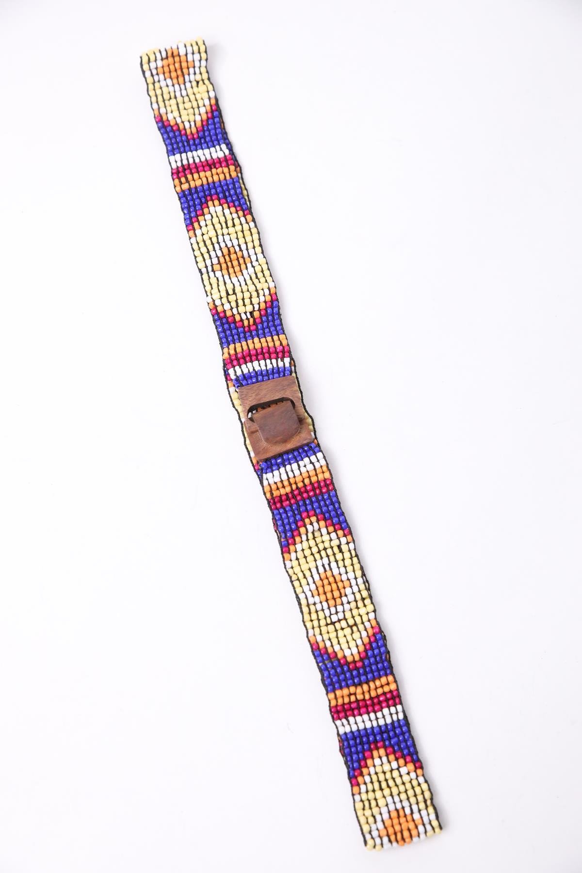 Sax Blue Wooden Buckle Beaded Thin Elastic Belt