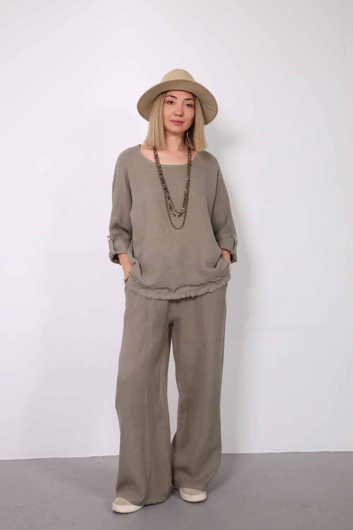  Vizon Rengi Püsküllü Örme Pamuk Detaylı Keten Takım