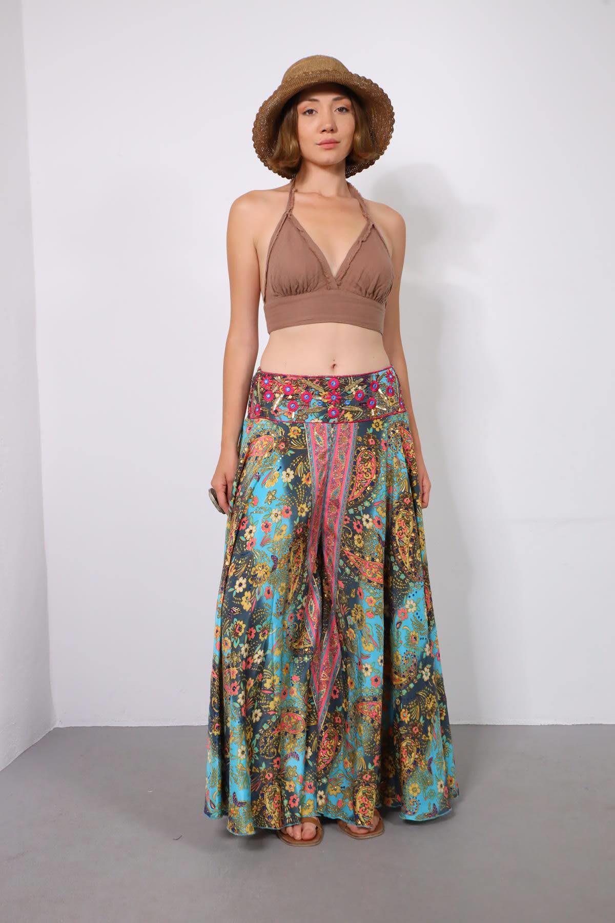 Pembe Beli Gipeli Nakışlı İpek Pantolon Etek - Şaman Butik Pembe Beli Gipeli Nakışlı İpek Pantolon Etek