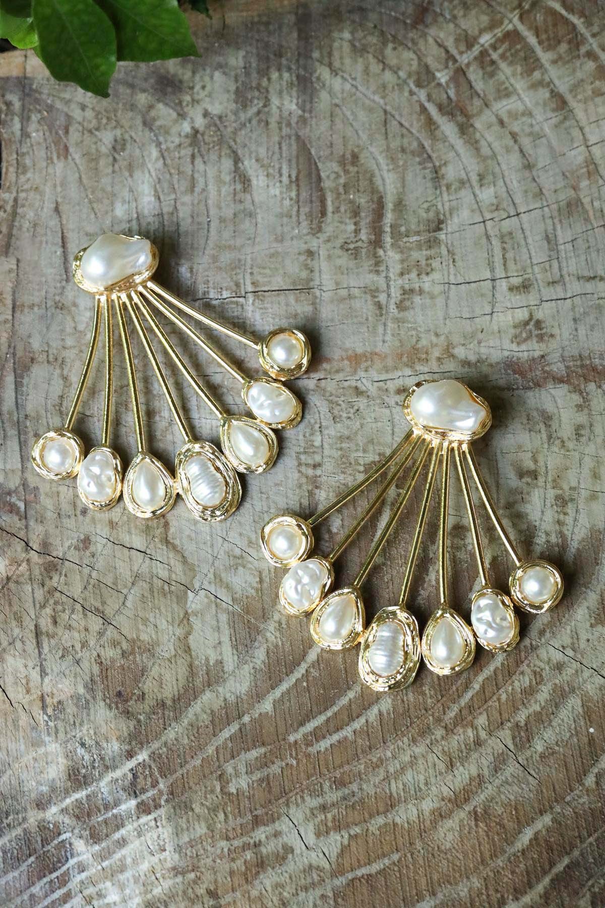 İnci Parçalı Gold Küpe