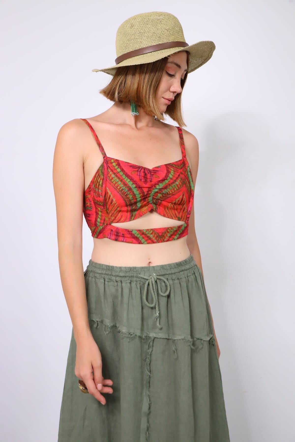 Kırmızı Desenli Cut Out Detay İnce Askılı Bralet - Şaman Butik Kırmızı Desenli Cut Out Detay İnce Askılı Bralet