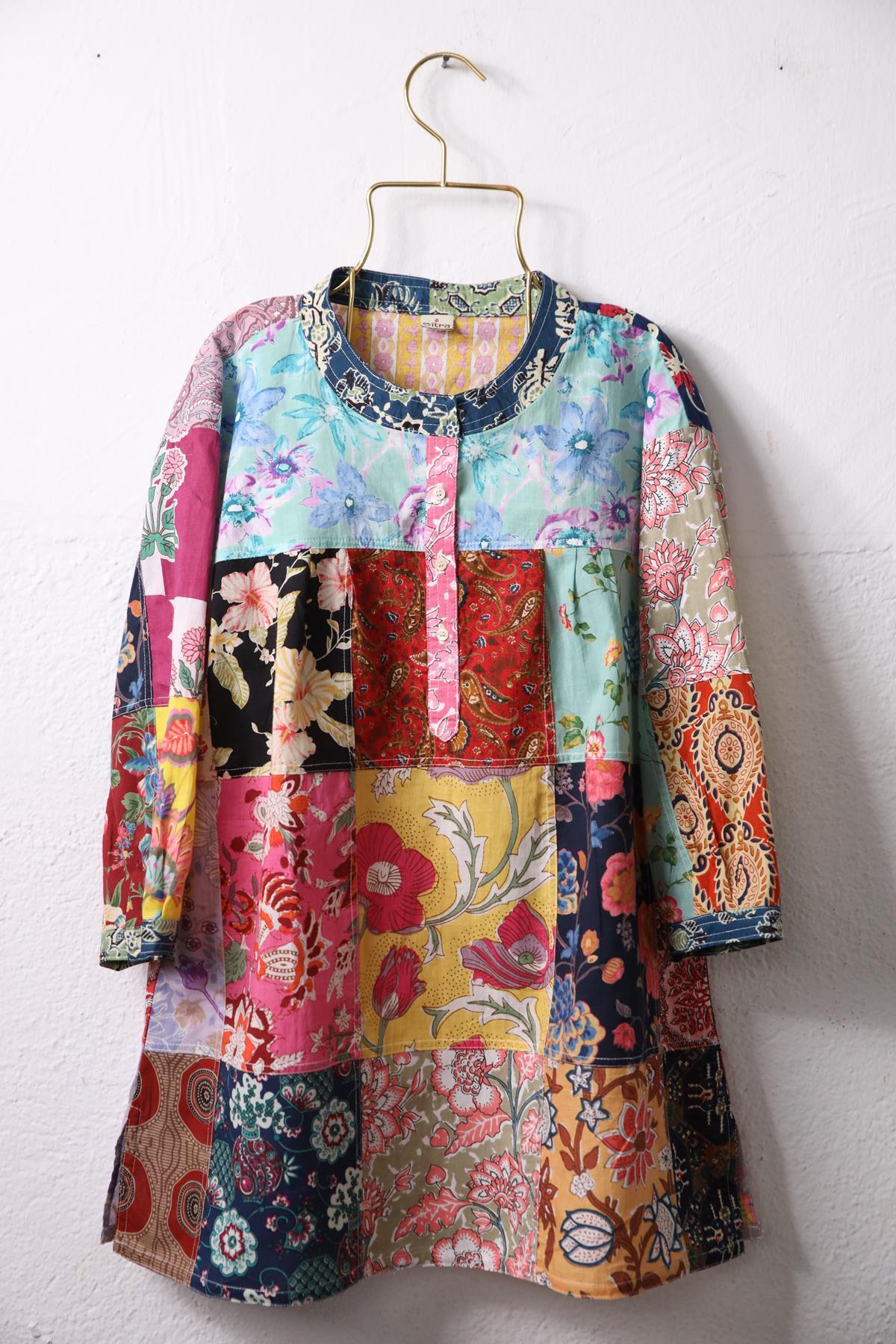 Navy Blue Buttoned Collar Patchwork Tunic