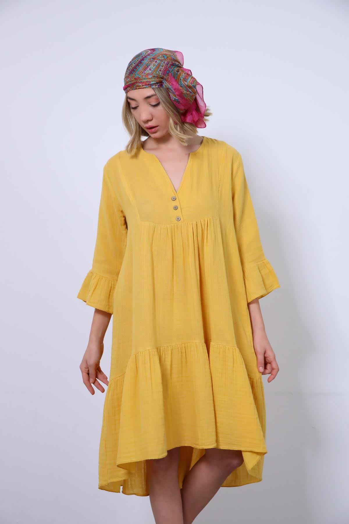Sarı Kolu Volanlı Müslin Elbise - Şaman Butik Sarı Kolu Volanlı Müslin Elbise