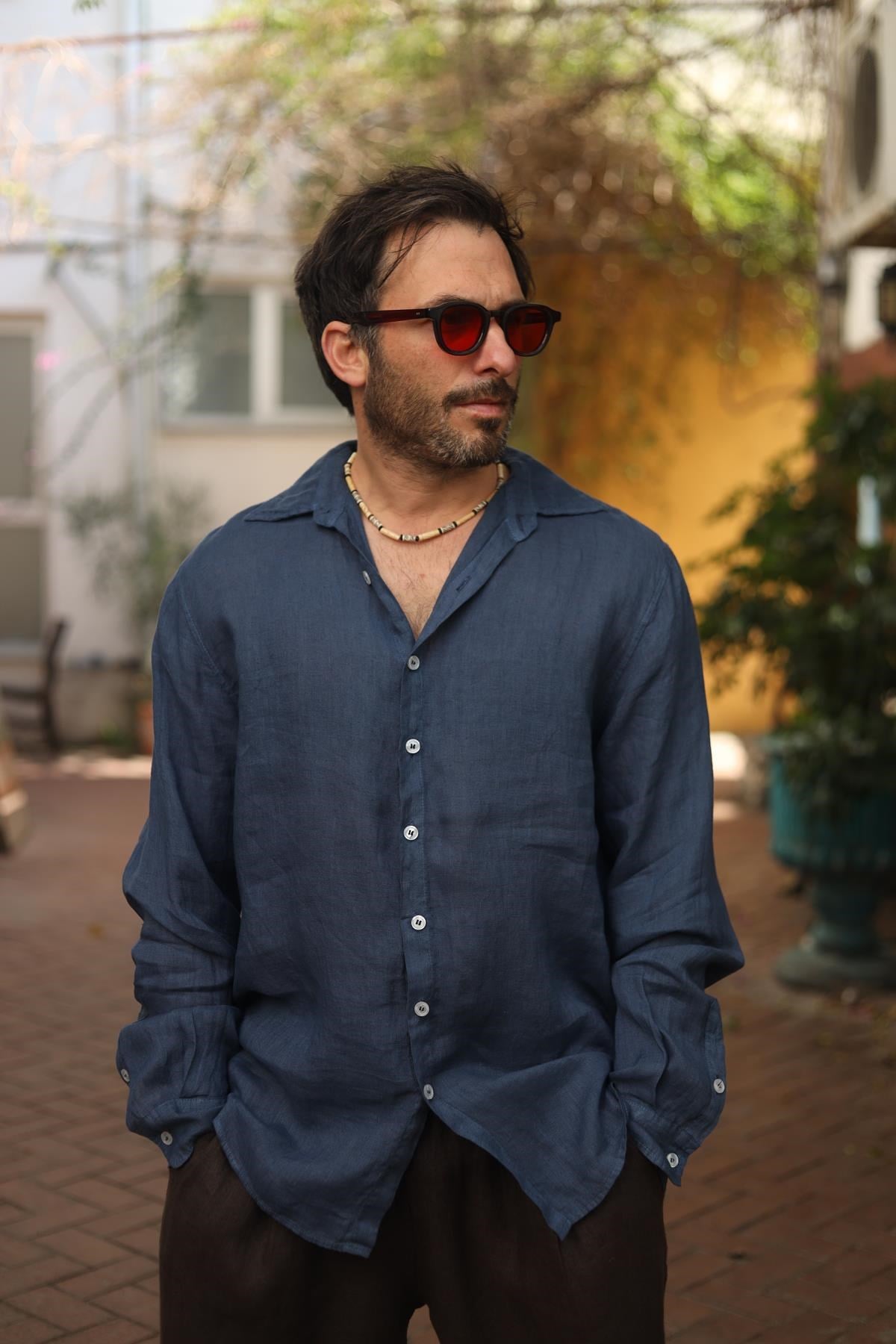 Lacivert Keten Klasik Erkek Gömlek