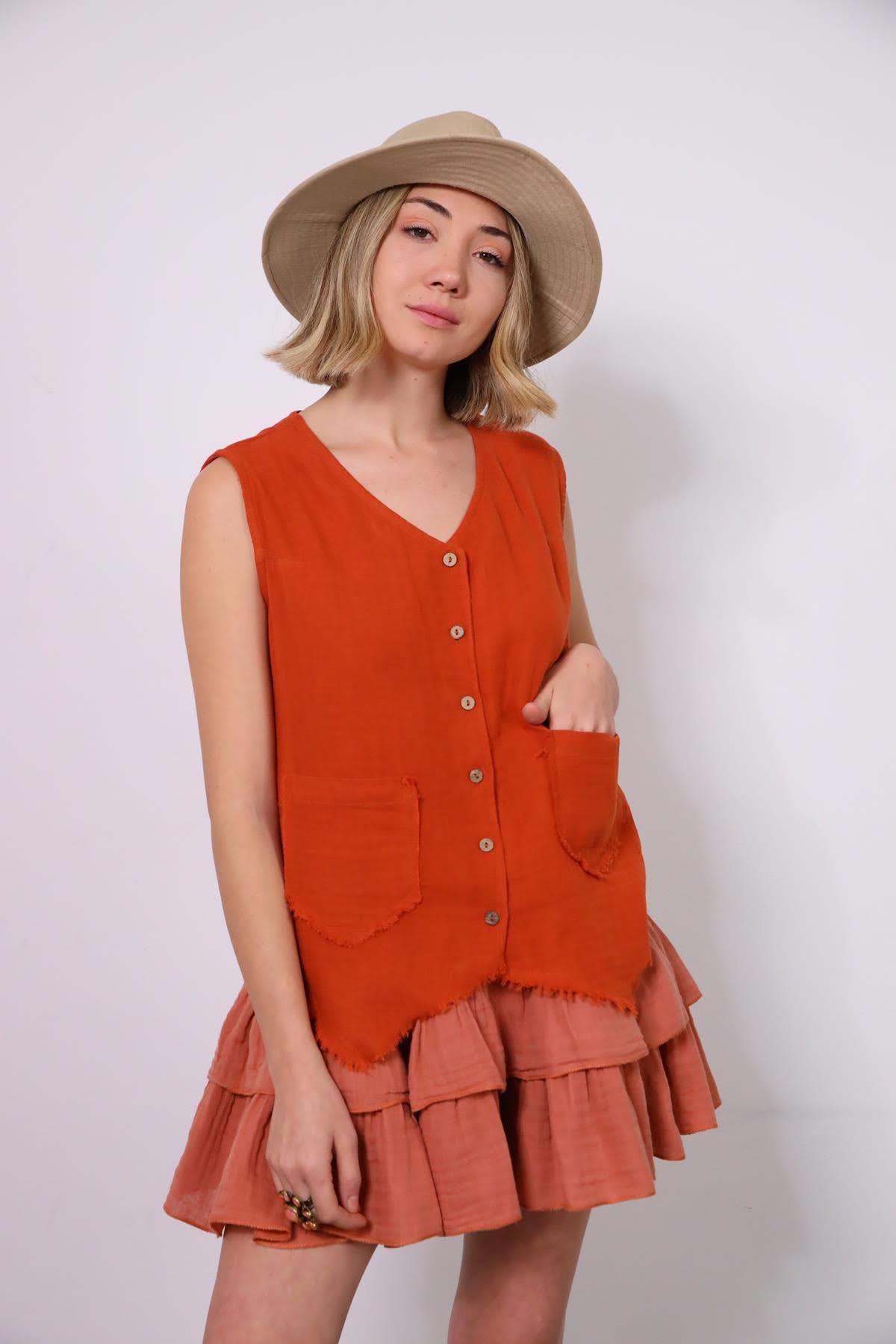 Kiremit Rengi Müslin Cepken Yelek - Şaman Butik Kiremit Rengi Müslin Cepken Yelek