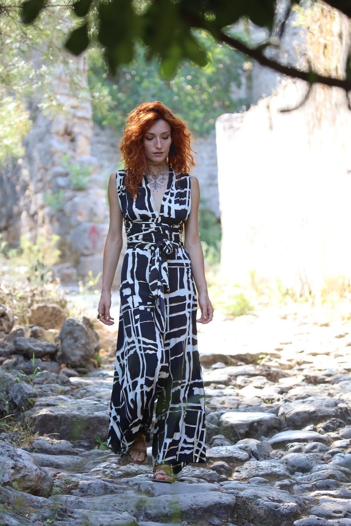 Black Patterned Silk Jumpsuit