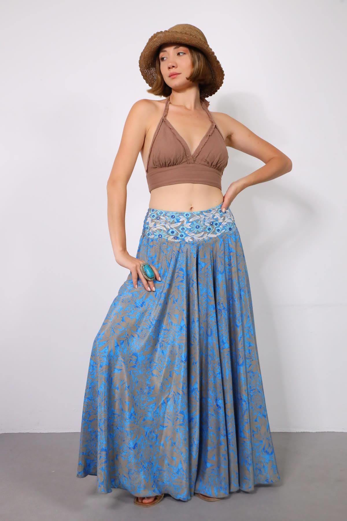 Mavi Desenli İpek Pantolon Etek - Şaman Butik Mavi Desenli İpek Pantolon Etek