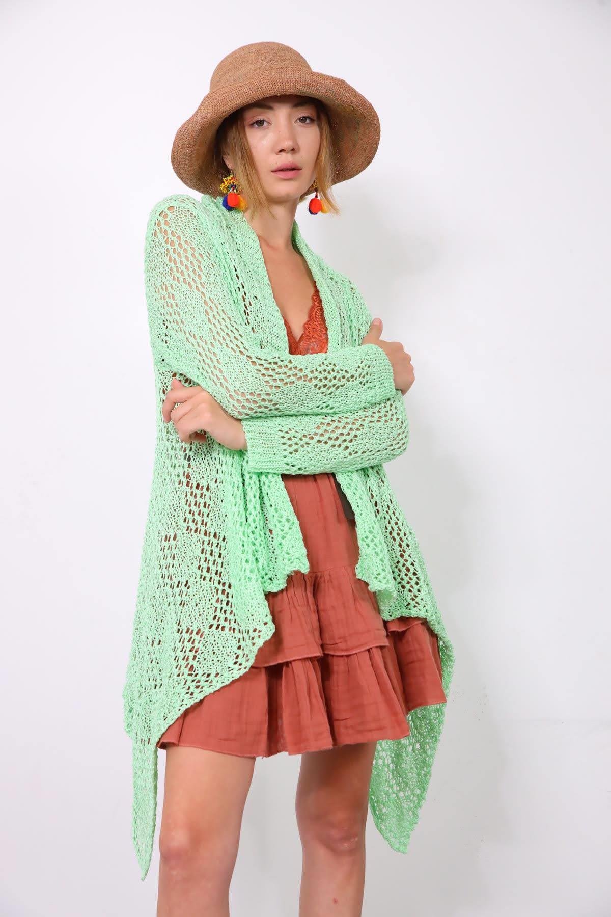  Su Yeşili Şal Yaka File Hırka