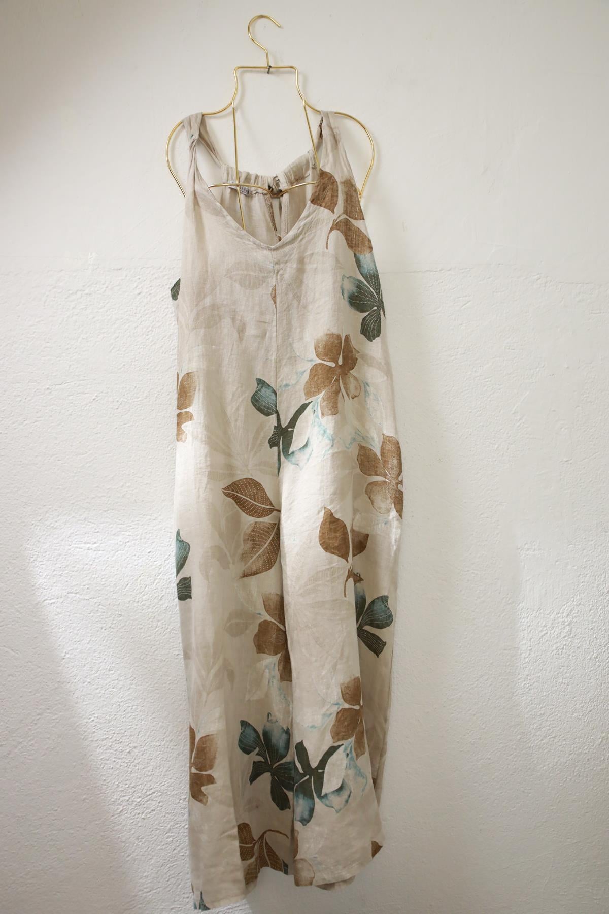 Krem Rengi Çiçek Desenli Keten Salopet Tulum