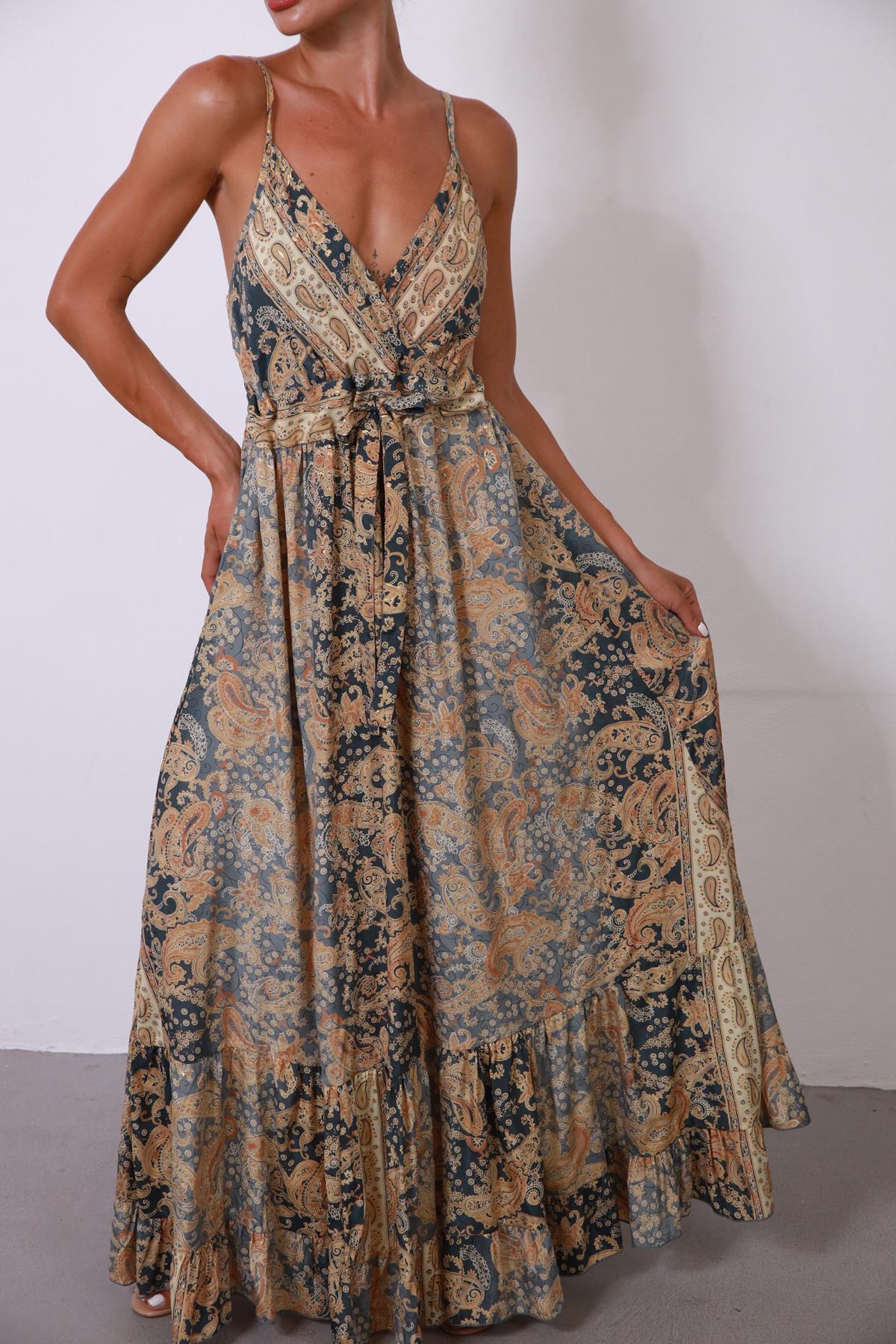 Gri Kruvaze Yaka Sırtı Gipeli İpek Elbise - Şaman Butik Gri Kruvaze Yaka Sırtı Gipeli İpek Elbise