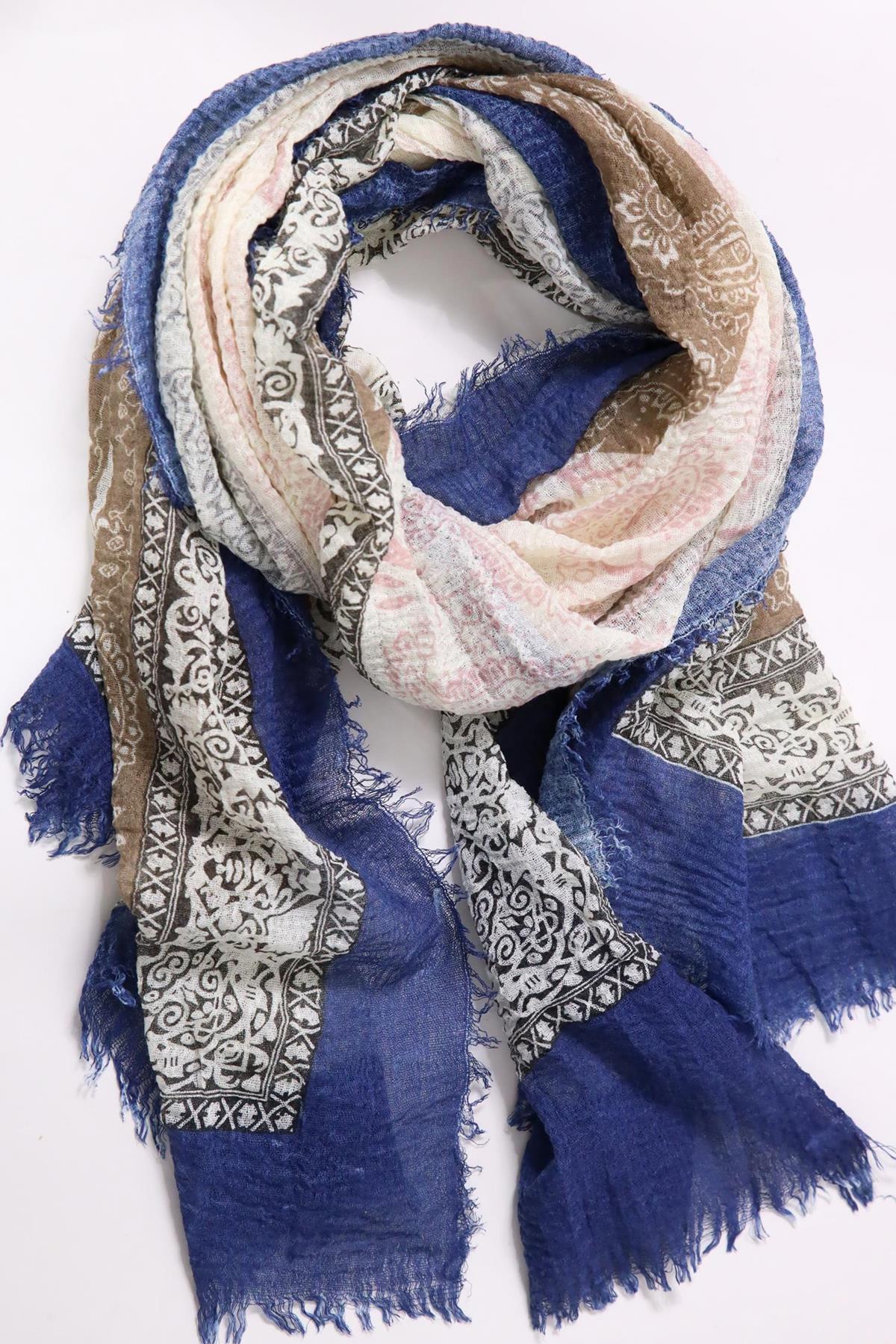  Lacivert Desenli Saçaklı Şal